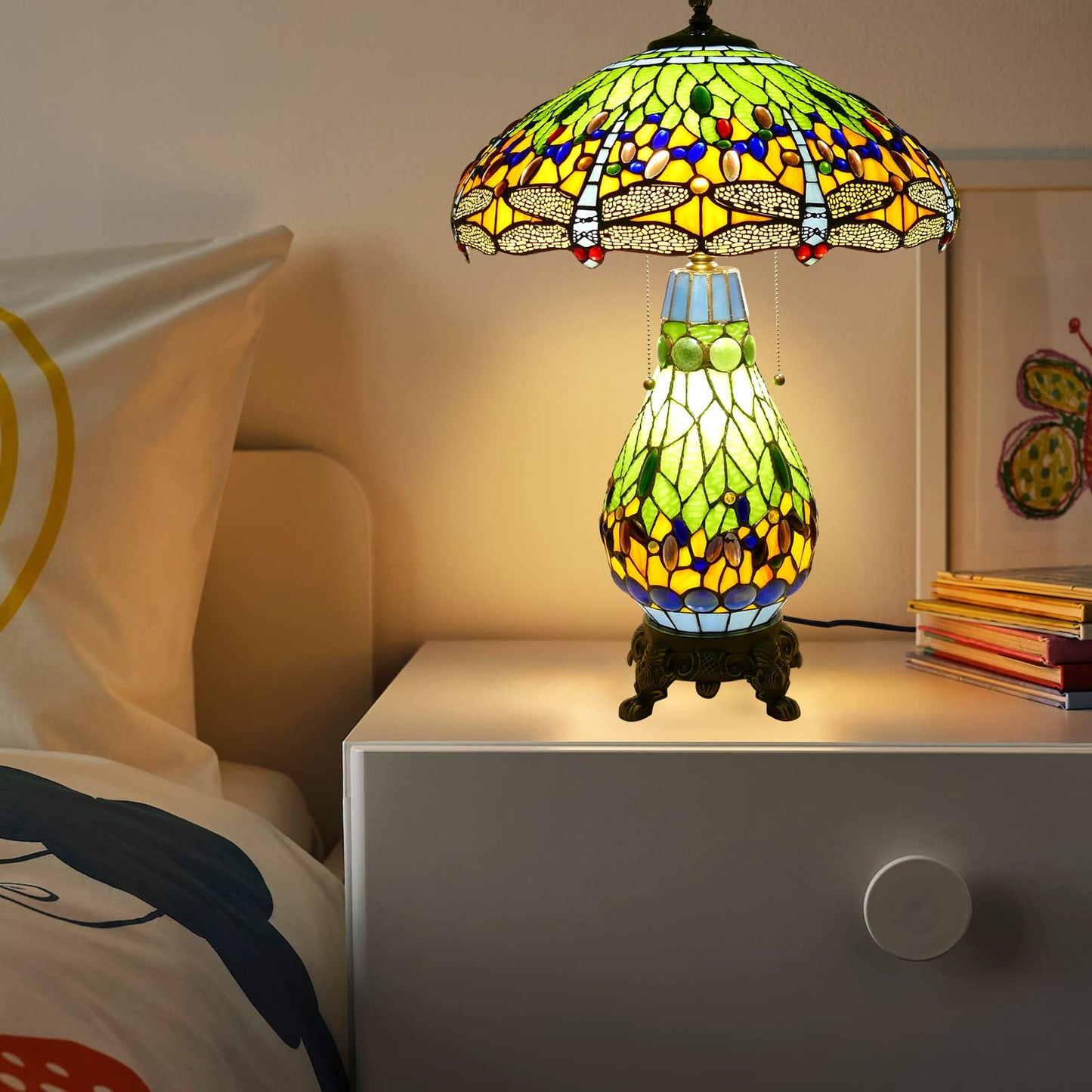 VirtueKing Tiffany Style Table Lamp Green Dragonfly Tiffany Lamp Handmade Stained Glass Lamp 18x18x27 Inches Desk Reading Light for Bedroom Living Room Home Office Decoration, LED Bulb Included