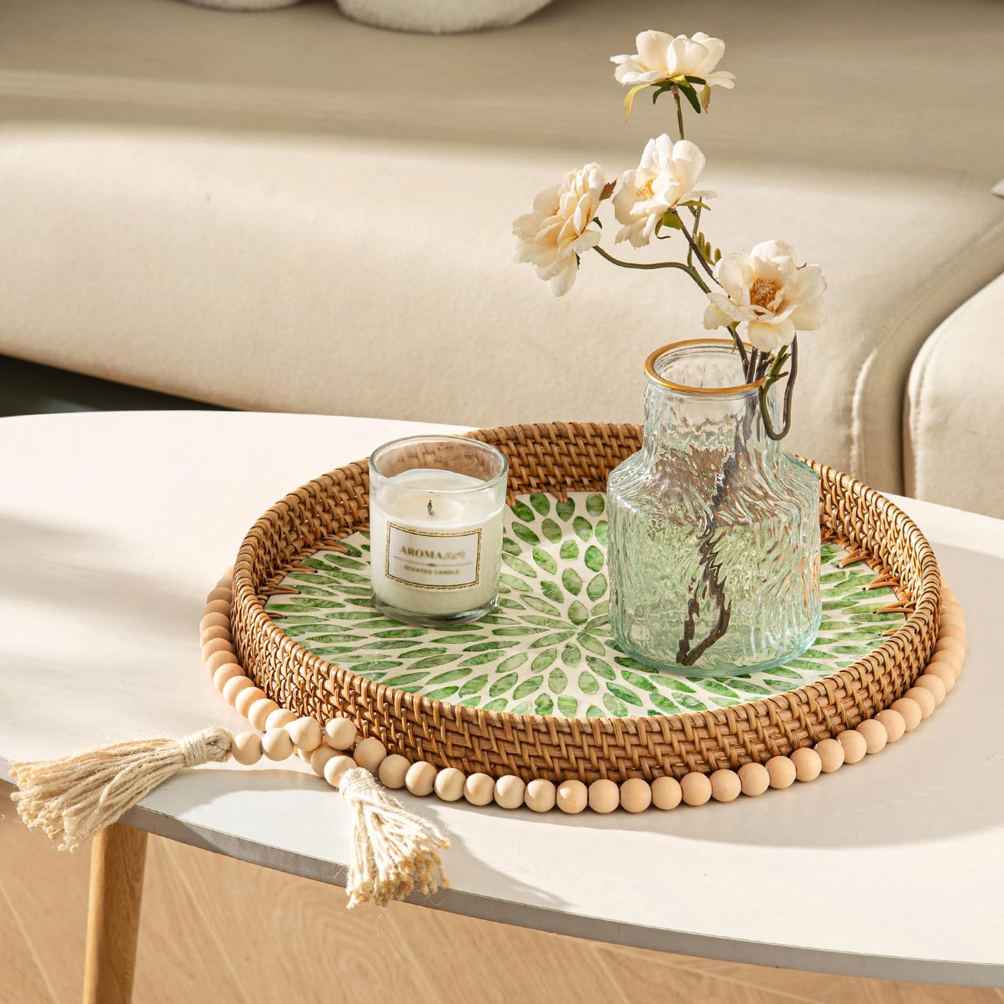 14 inch Round Rattan Tray Home Decor, Wicker Serving Tray with Mother of Pearl Inlay, Boho Decorative Tray for Coffee Table, Ottoman, Kitchen Table, Bathroom (Coastal Blue)