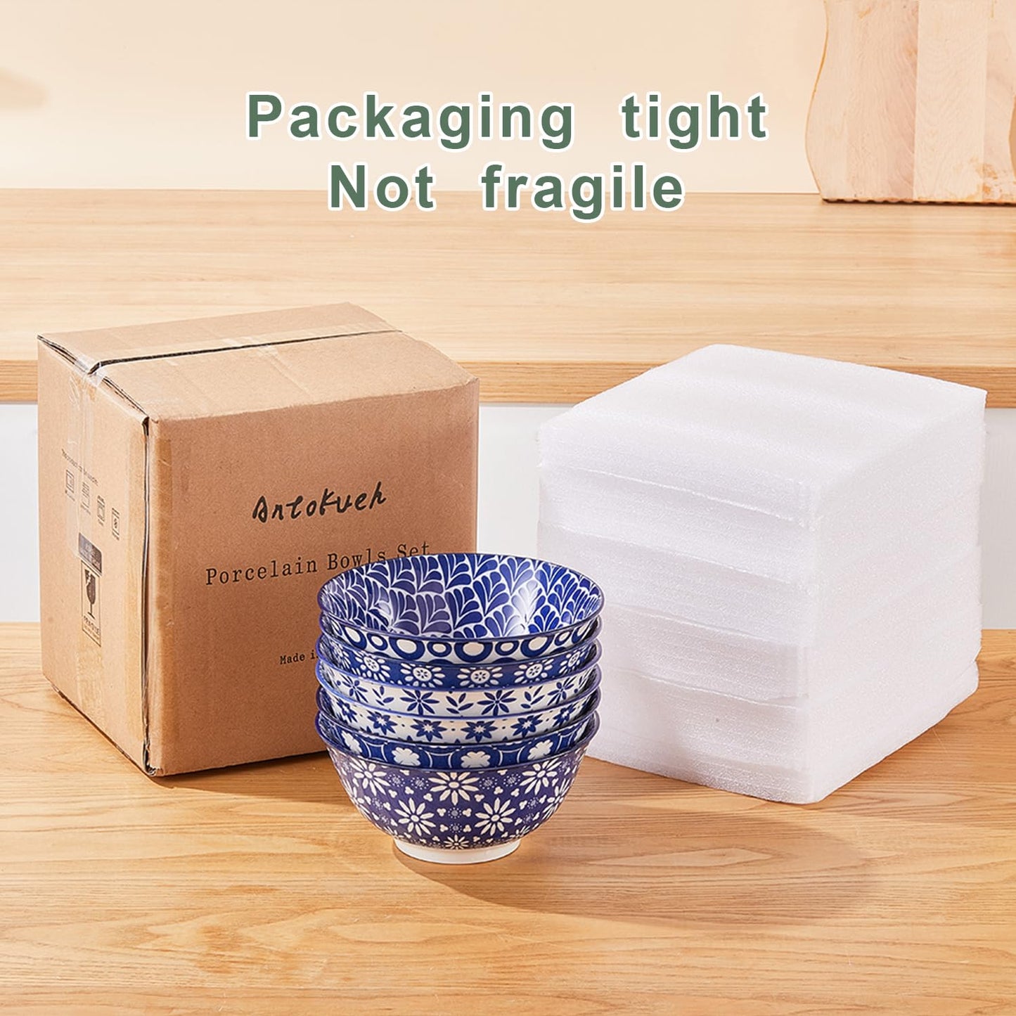 AntoKueh 6 inches Blue and White Ceramic Bowls, 23Oz Deep Cereal Porcelain Bowls set of 6, Large Soup Bowls for Salad, Fruit, Vintage, Party Tableware