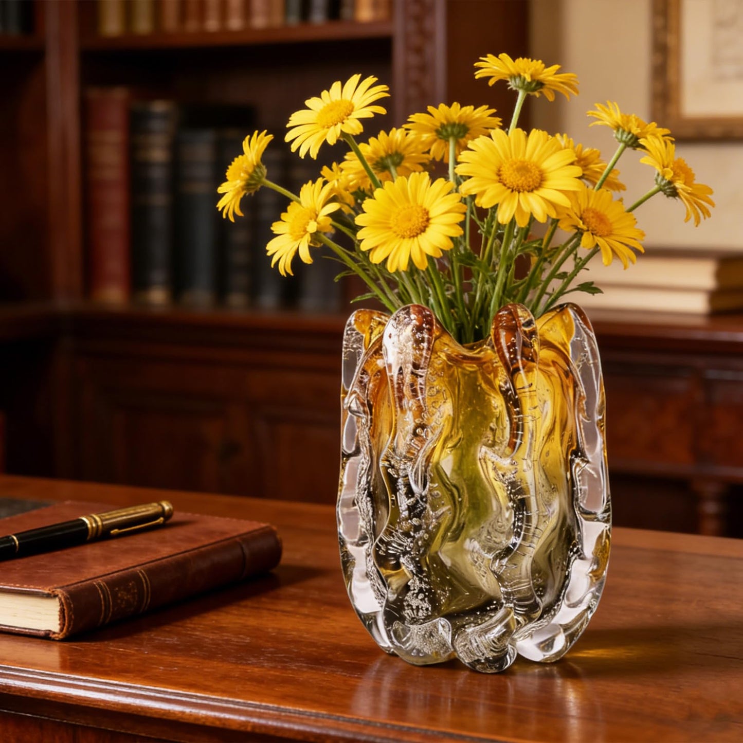 Blown Glass Bubble with Ruffled Edge Vase, Art Glass for Home Decor, Tall Vases for Centerpieces & Flowers, Crystal-Like for Bouquets & Pampas Grass, Vases Amber, Flower Bouquet Display (Yellow, S)
