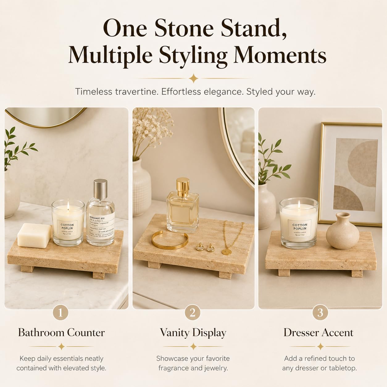 Natural Travertine Pedestal Tray, Stone Vanity Riser for Soap, Perfume, Jewelry and Candles, Decorative Bathroom Counter Tray
