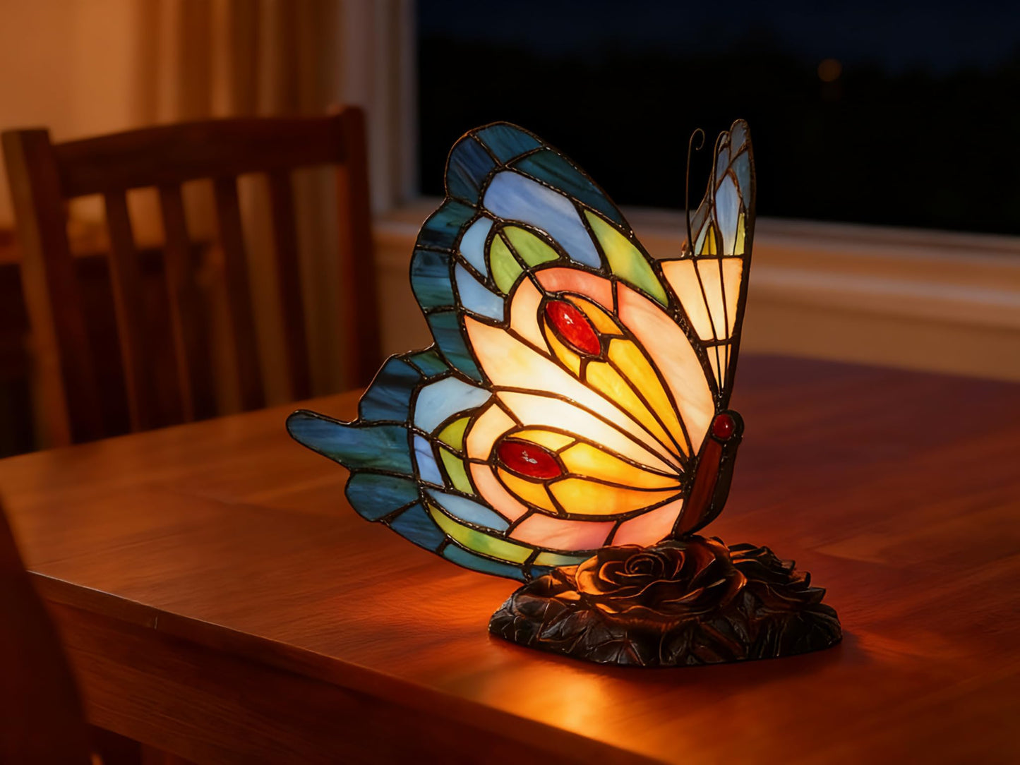 Yodimust Tiffany Style Blue Pink Butterfly Table Lamp