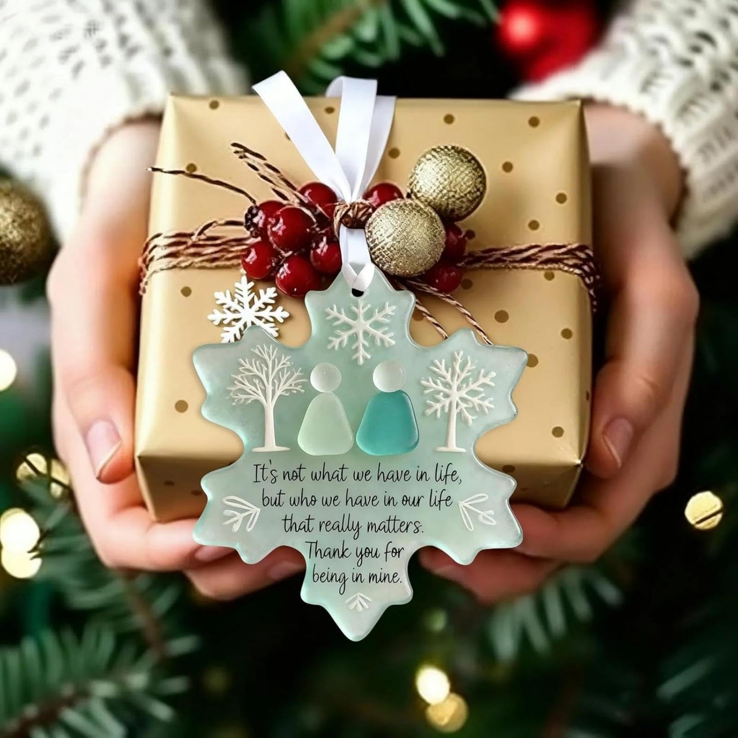 Friendship Snowflake Keepsake Ornament, Sea Glass Friendship Decor, Christmas Tree Seaglass Heart-Shaped Hanging Decorations for Best Friends, Friendsgiving Gifts for Bestie(2pcs A)