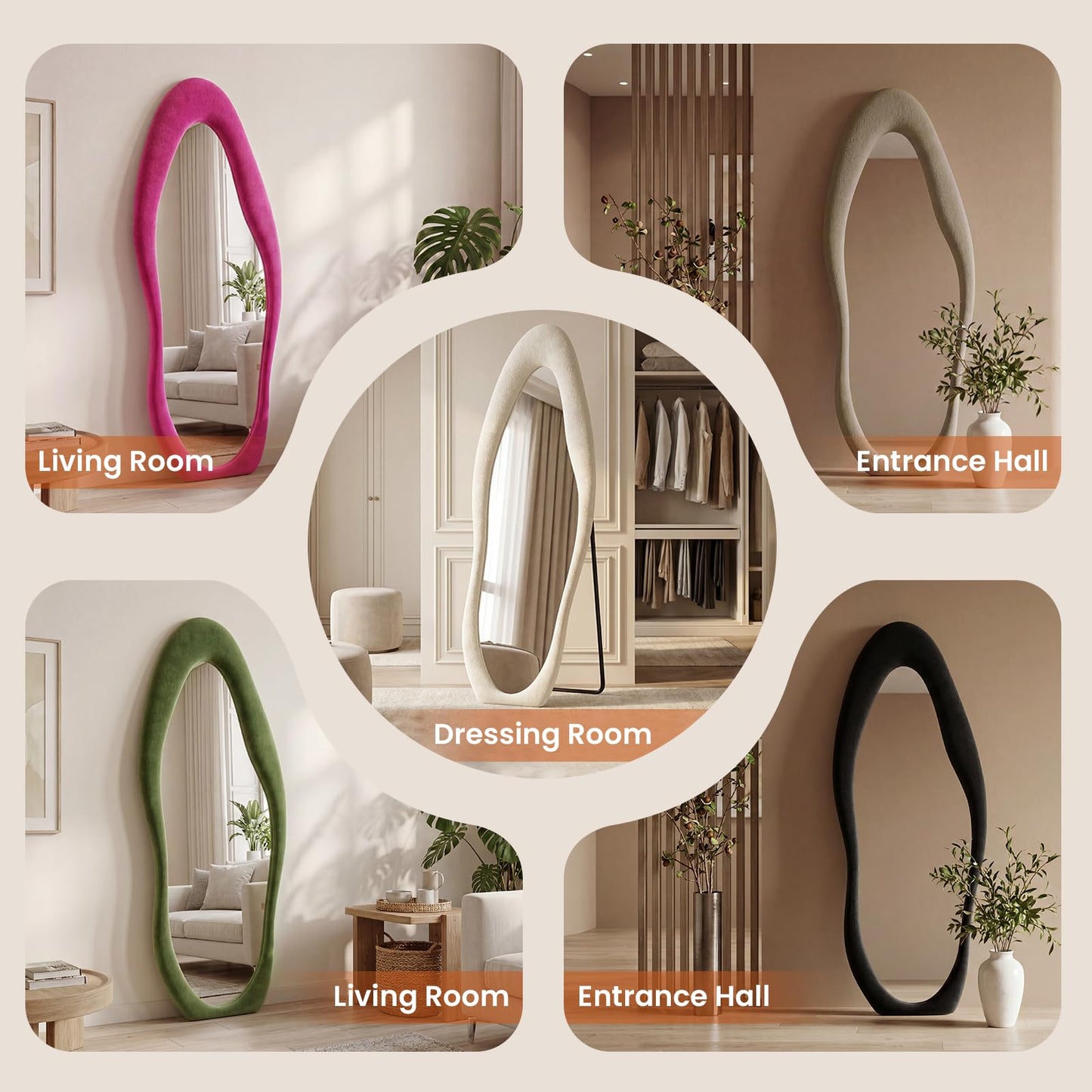 ZHUNFA Full Length Mirror,65×24 Mirror Full Length Wall Mounted Wrapped in Flannel,Featuring an Irregular Cloud Shaped Design,Room,Bedroom,Living Room Home Decor,Light Coffee.