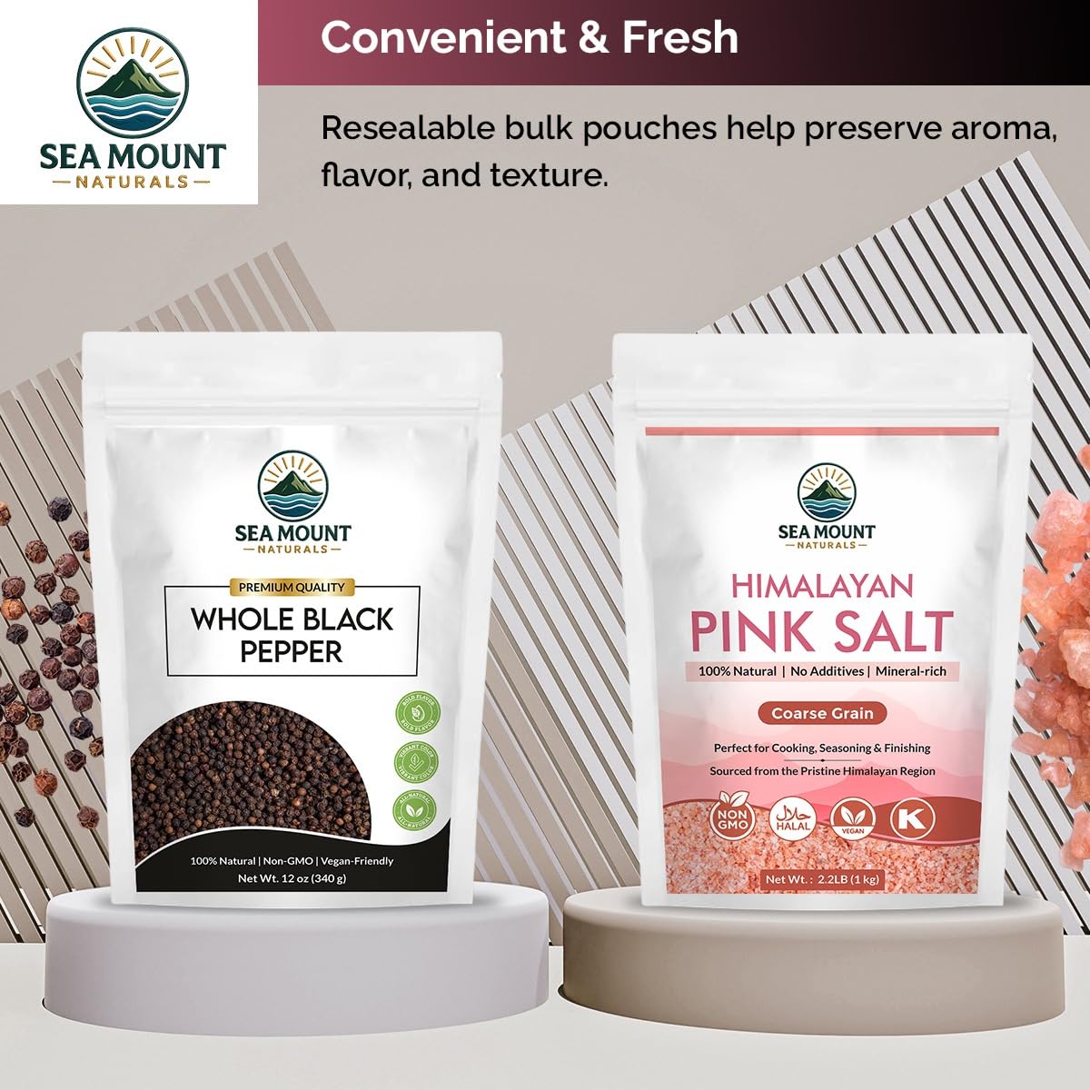 Sea Mount Naturals Whole Black Tellicherry Peppercorns 12 oz & Himalayan Pink Salt (Coarse Grain) 2.2 lb | Pink Salt & Pepper Grinder Refill Combo I 2 Piece Set