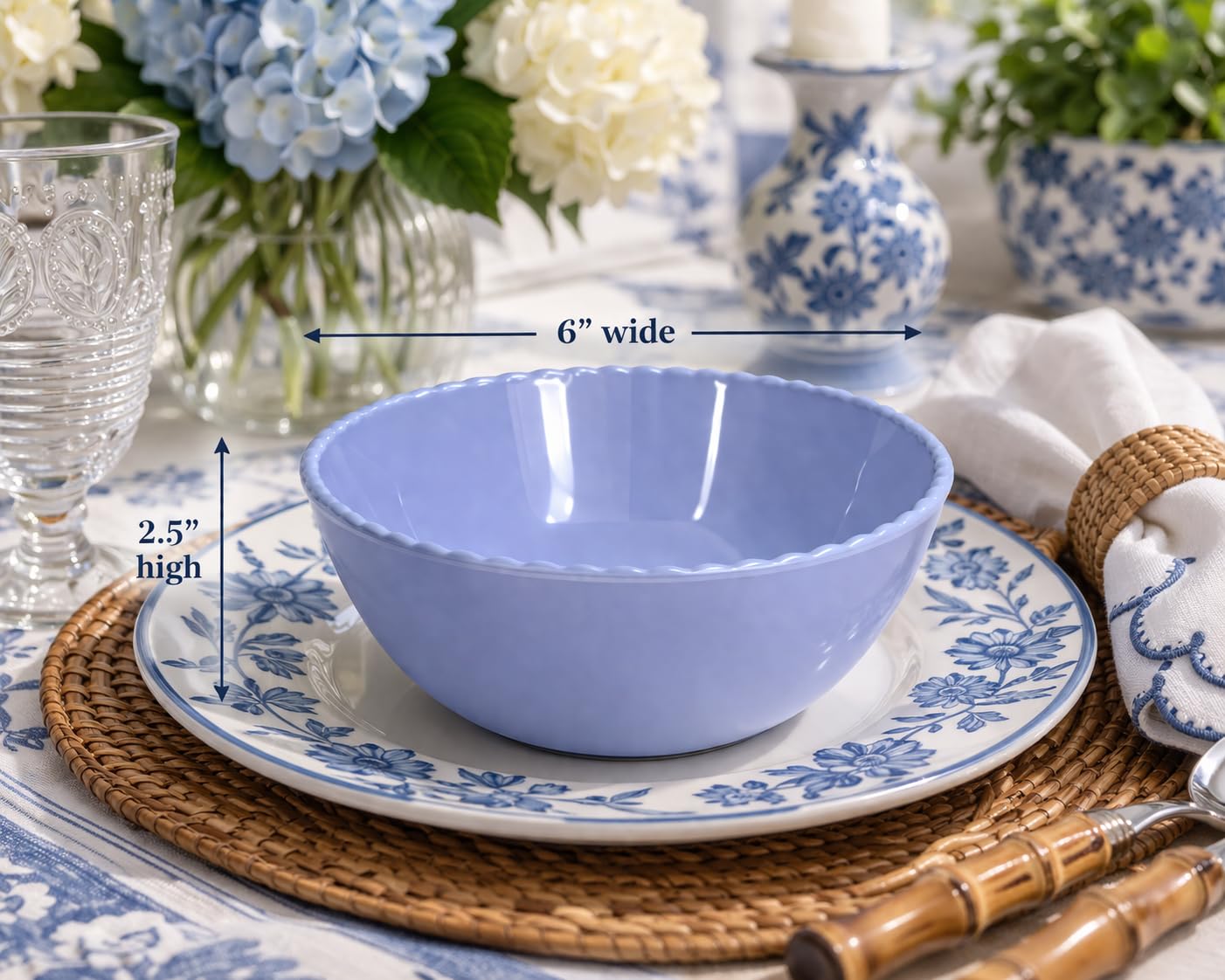 Sigrid Olsen Melamine Salad Bowls, Powder Blue, Scalloped Edge, Set of 4, 6" W x 2.5" H