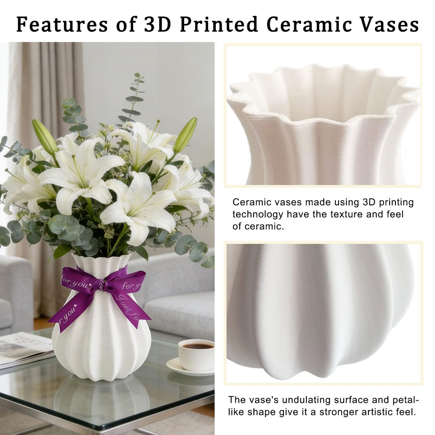 3D Printed Vase, White Ceramic Vase for Home Decoration, Lrregular Art Vase Suitable for Entryway, Bedroom, Dining Room, Desk (Flower Shaped)