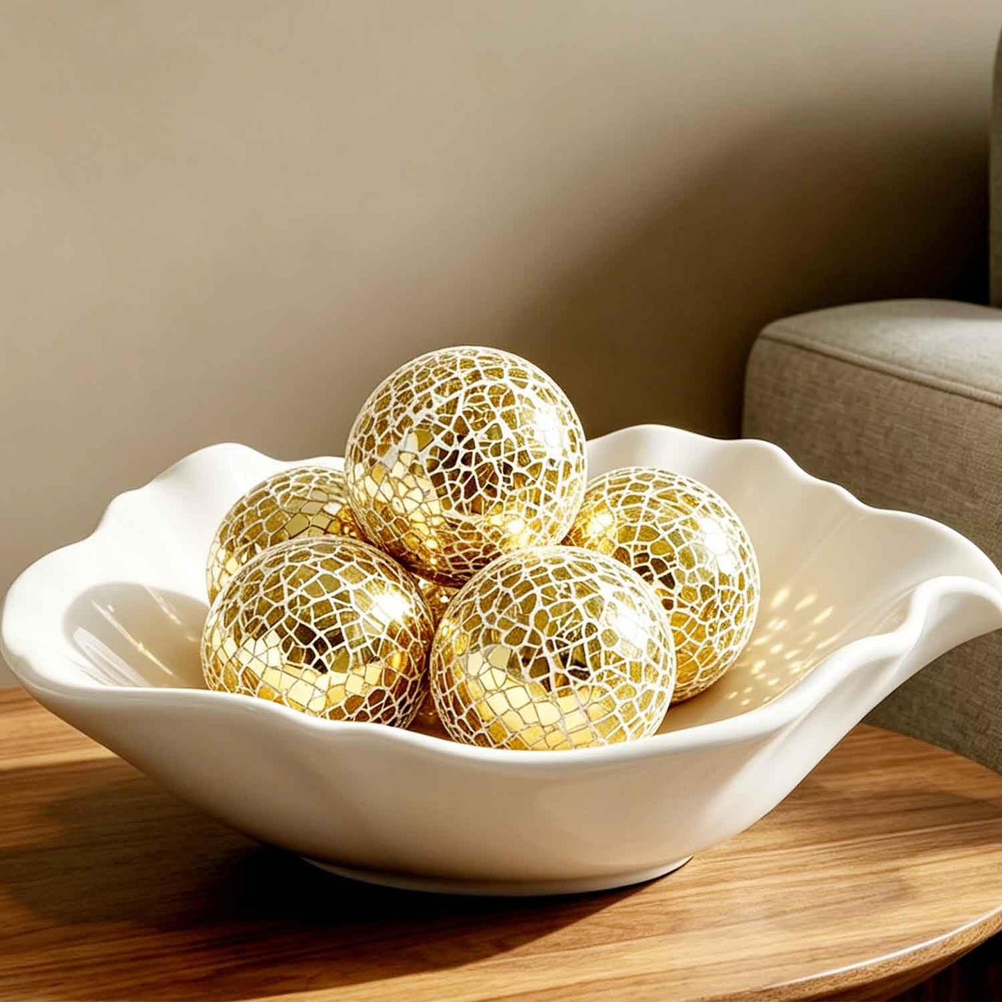 v2croft 4 in Decorative Orbs Glass Balls Set of 3,Mosaic Sphere Globe for Whole Housewares,Wedding/Birthday,Bowls,Vases Dining Table Centerpieces (Gold)