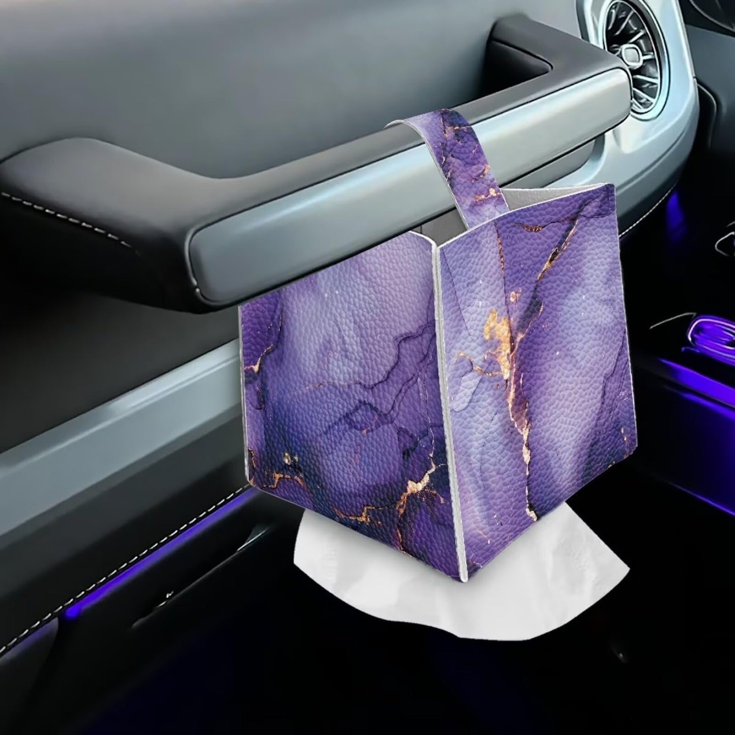 Xsehusvy Marble Purple Tissue Box Cover PU Leather Cube Tissue Holder with Bottom Belt Waterproof Square Facial Tissue Boxes Decorative Organizer for Bathroom Vanity