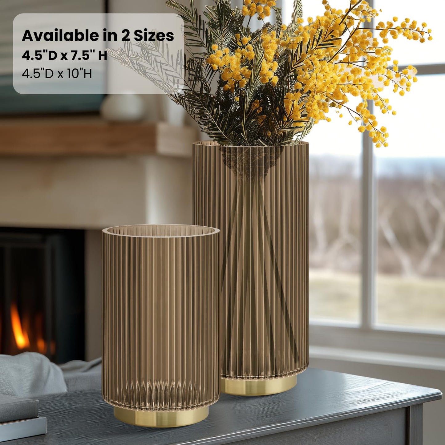 Torre & Tagus 10" Ribbed Brown Glass Vase for Flowers & Candle Hurricane