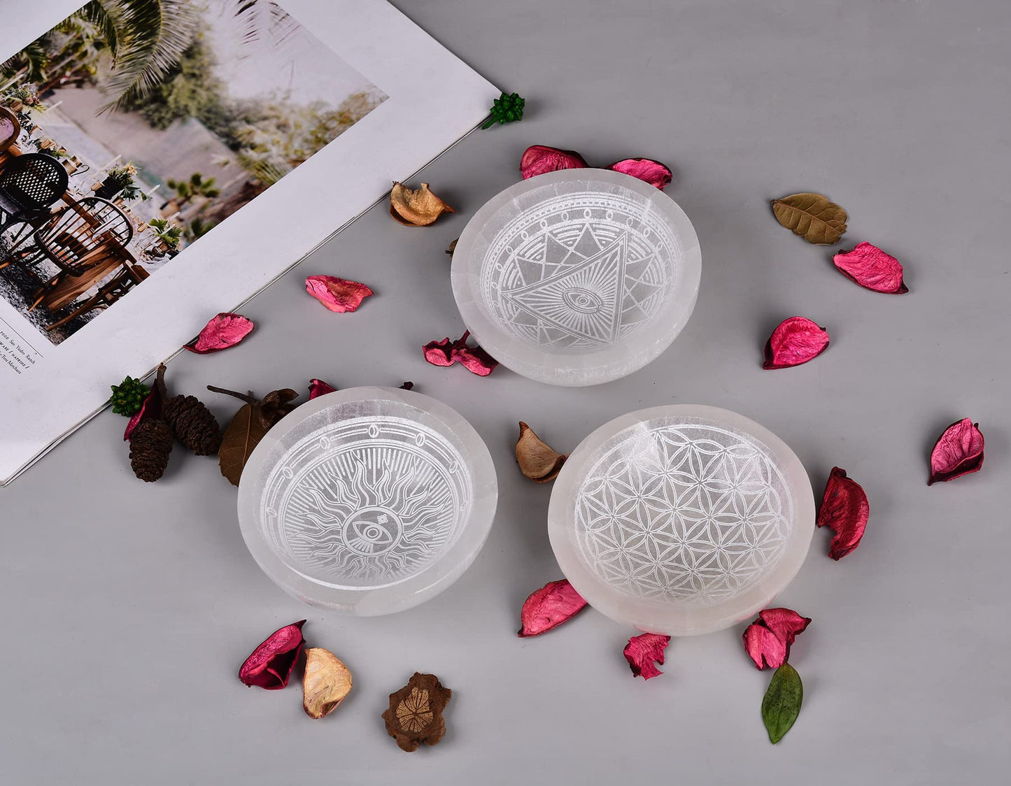AMOYSTONE Selenite Crystal Bowl 4" Round Jewelry Crystal Charging Station Dish Etched Pattern Demon Eye #2