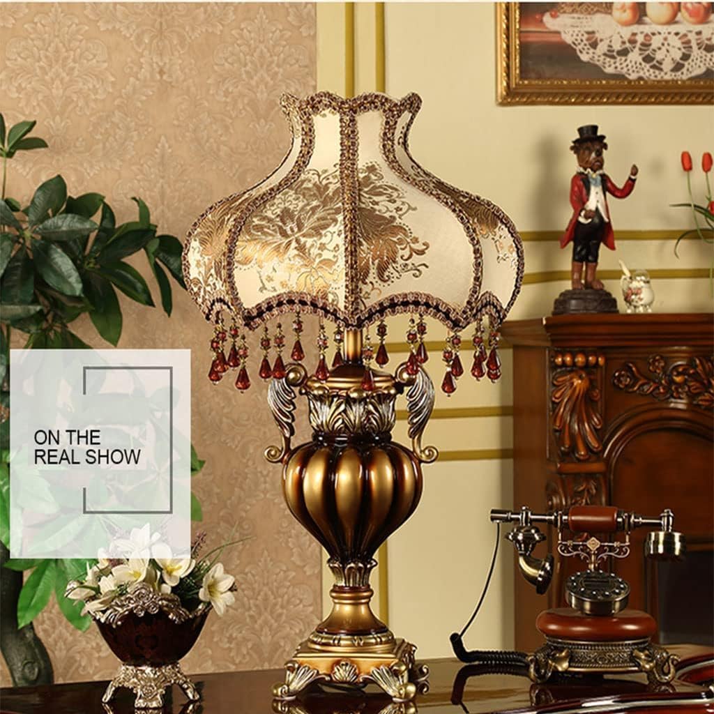 IPHR Victorian Crystal Table Lamp, 20.1-inch Resin Base, Gold Antique Design with Crystal Pendants, Silk Shade