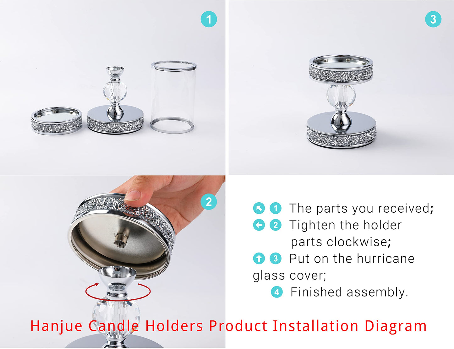 Hanjue Crystal Candle Holders for Pillar Candle, Metal Crystal Candle Holder for Home Decor, Centerpieces, Coffee Dining Table CH0509 (Silver (M))