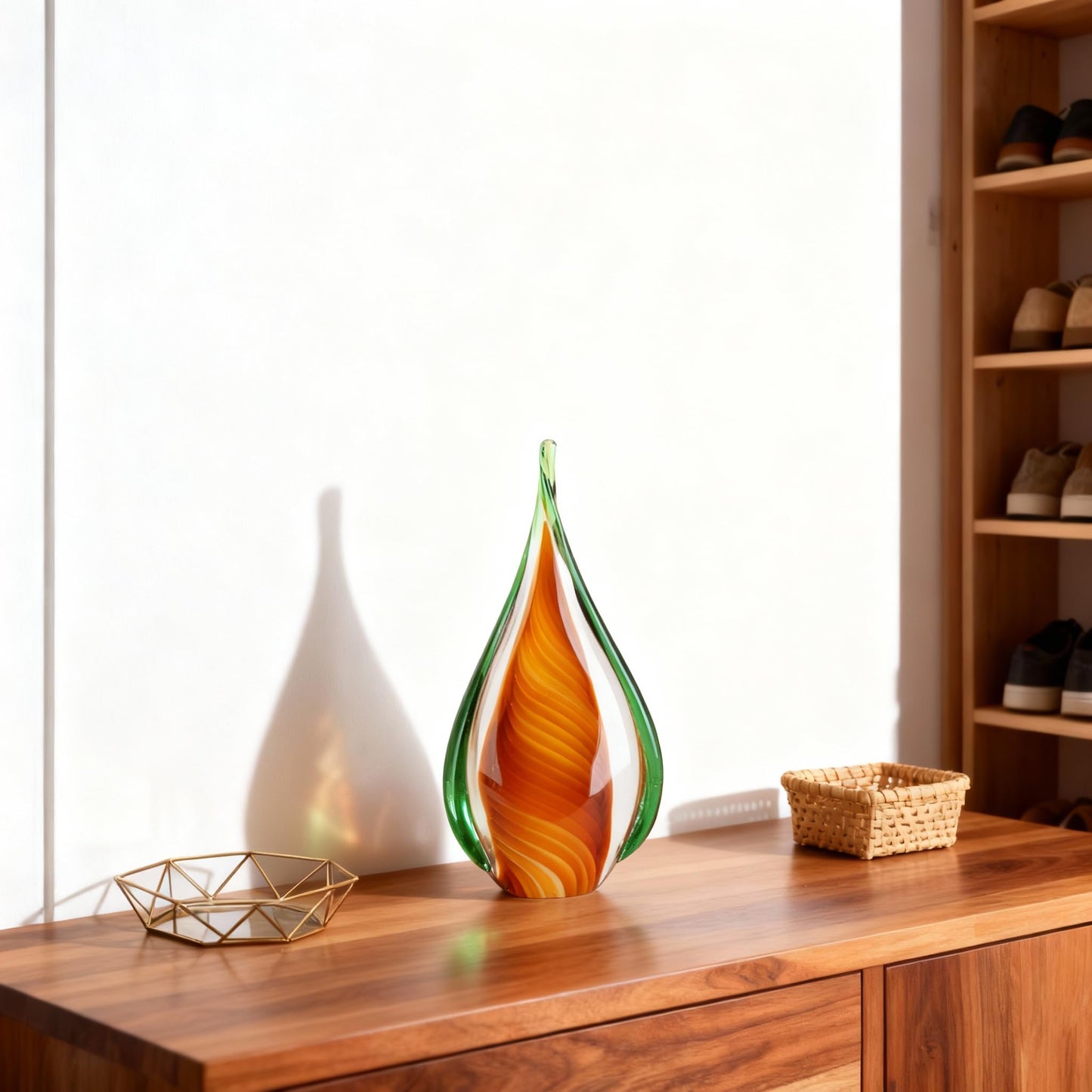 DOVDOV Blown Glass Sculpture, Green and Brown Glass Art Collectible Statue, Unique Teardrop Ornament, Suitable for Office, Bookshelf, Dressing Table, Living Room Coffee Table, or Mantelpiece Display.