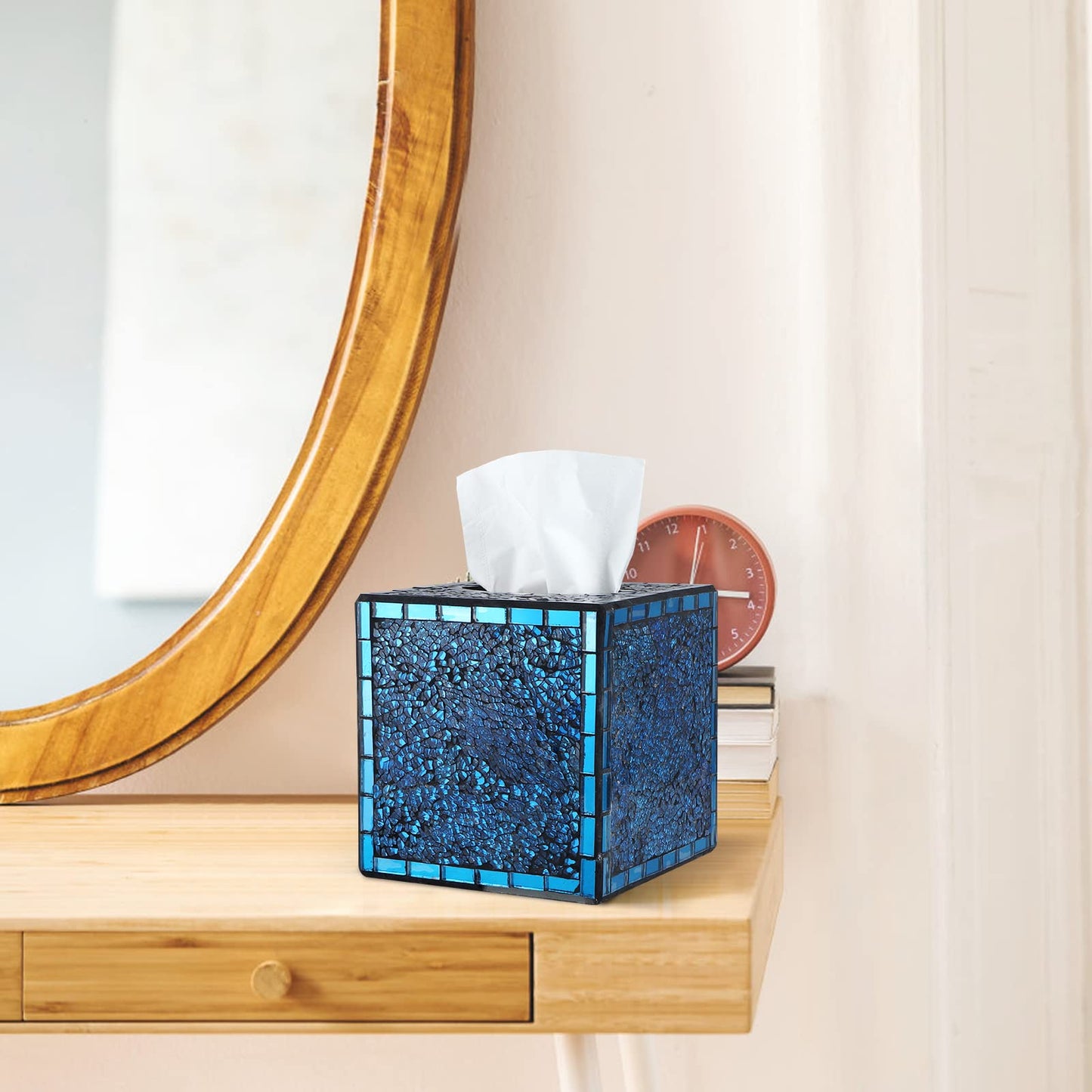 MDLUU Mosaic Glass Tissue Box Holder, Decorative Tissue Box Cover, Square Tissue Dispenser for Bathroom, Bedroom, Living Room (Navy Blue)