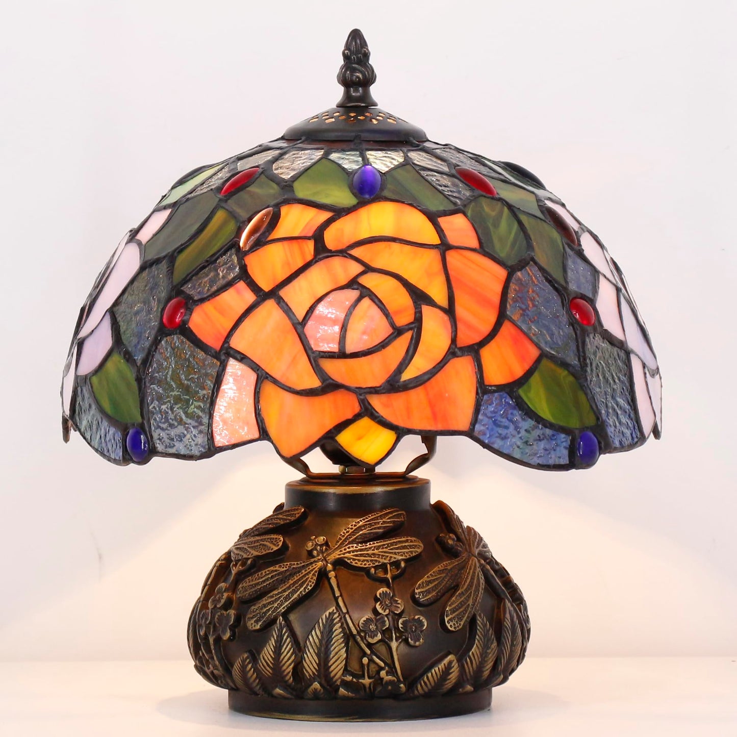 SYETL Small Tiffany Table Lamp Yellow Purple Rose Style Stained Glass Desk Lamp 10X11.5 Inch Mushroom Table Light for Office Home Living Room Bedroom