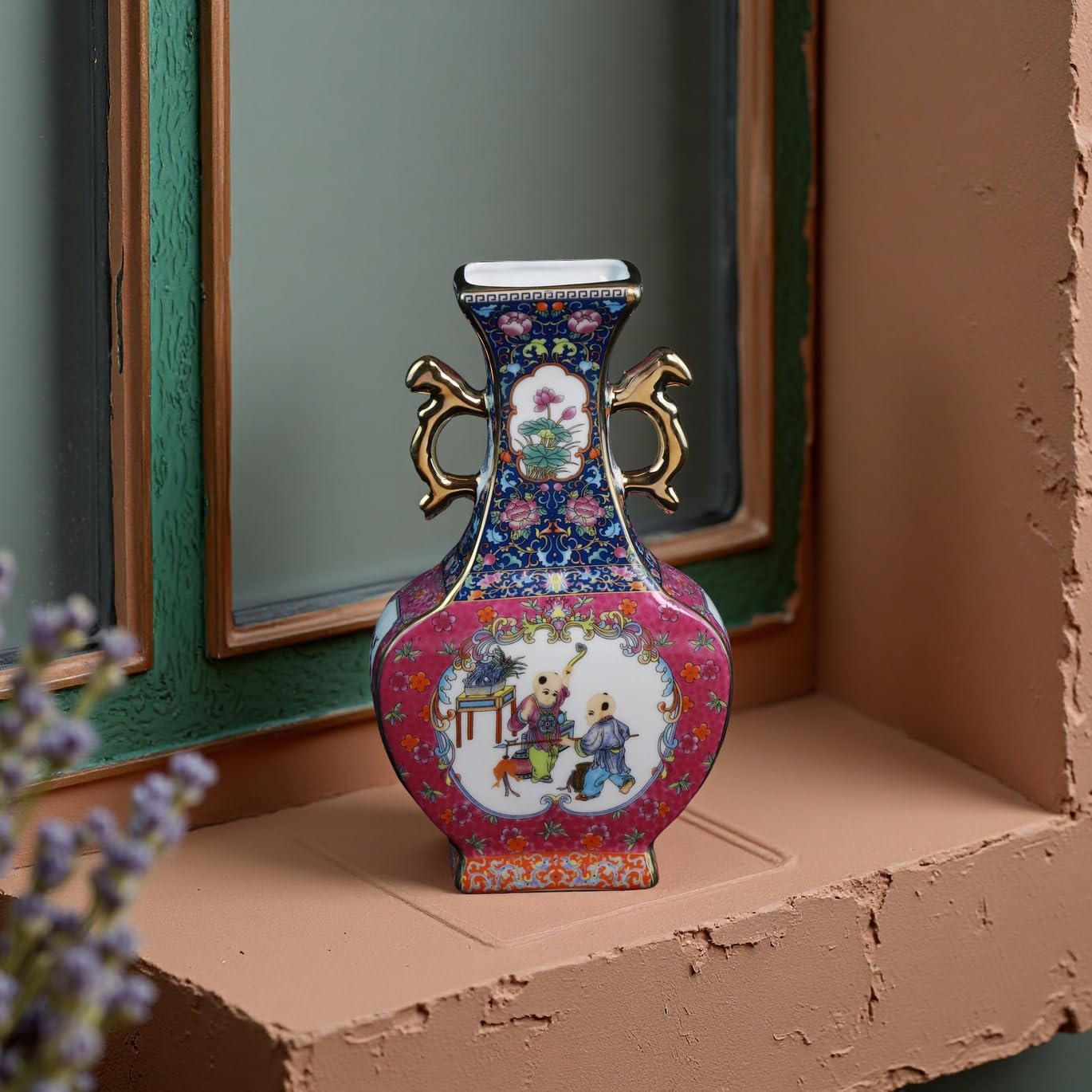 Kaolirra Antique Ceramic Vase - 9.8 Inch Enamel Porcelain Vase with Gold Trim, Chinese Purple Red Double-Handled Flat Ornament for Home Decor, Housewarming Gift, Collector's Art Piece