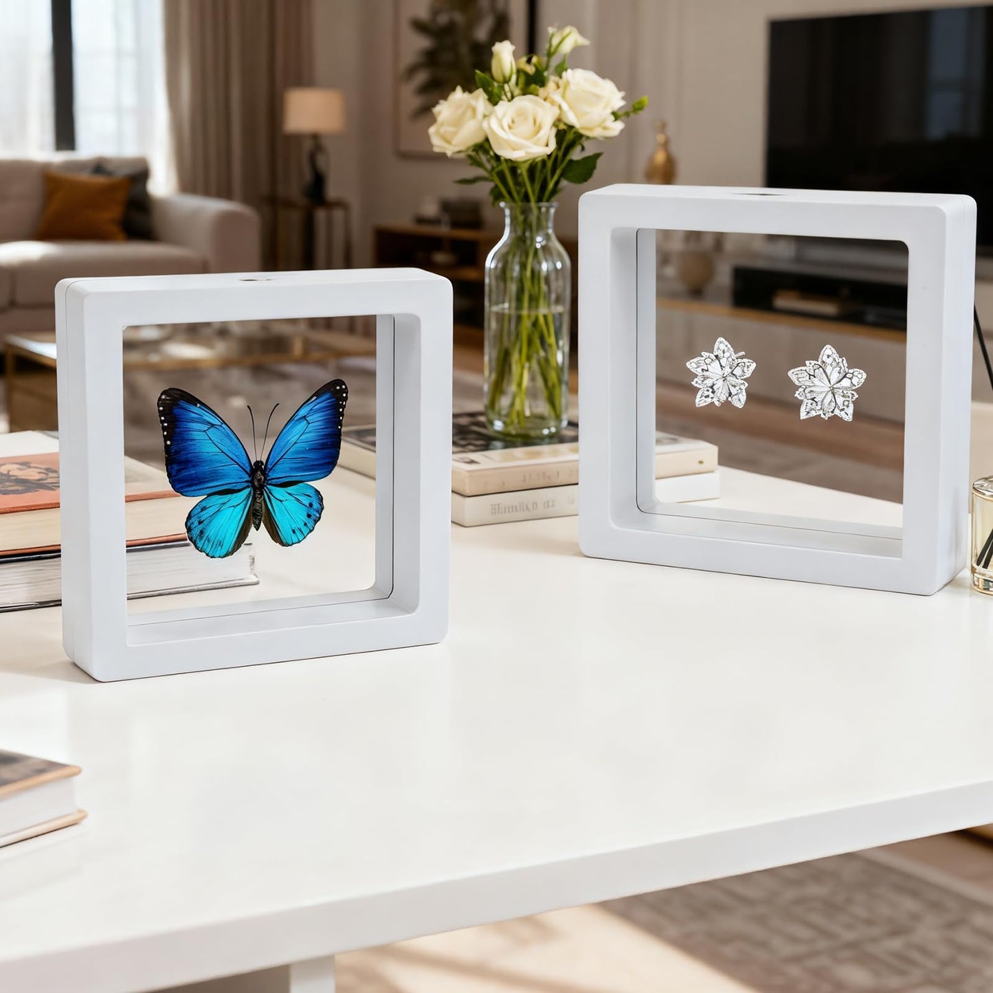 80 Pcs 3D Floating Frame Display Case, Challenge Coin Display Holder Stands, Clear PE Film Jewelry Shadow Box for Pins, AA Medallion, Military Medal, Shells, Rocks, Fossils, 2.8x2.8x0.8 Inch, White.