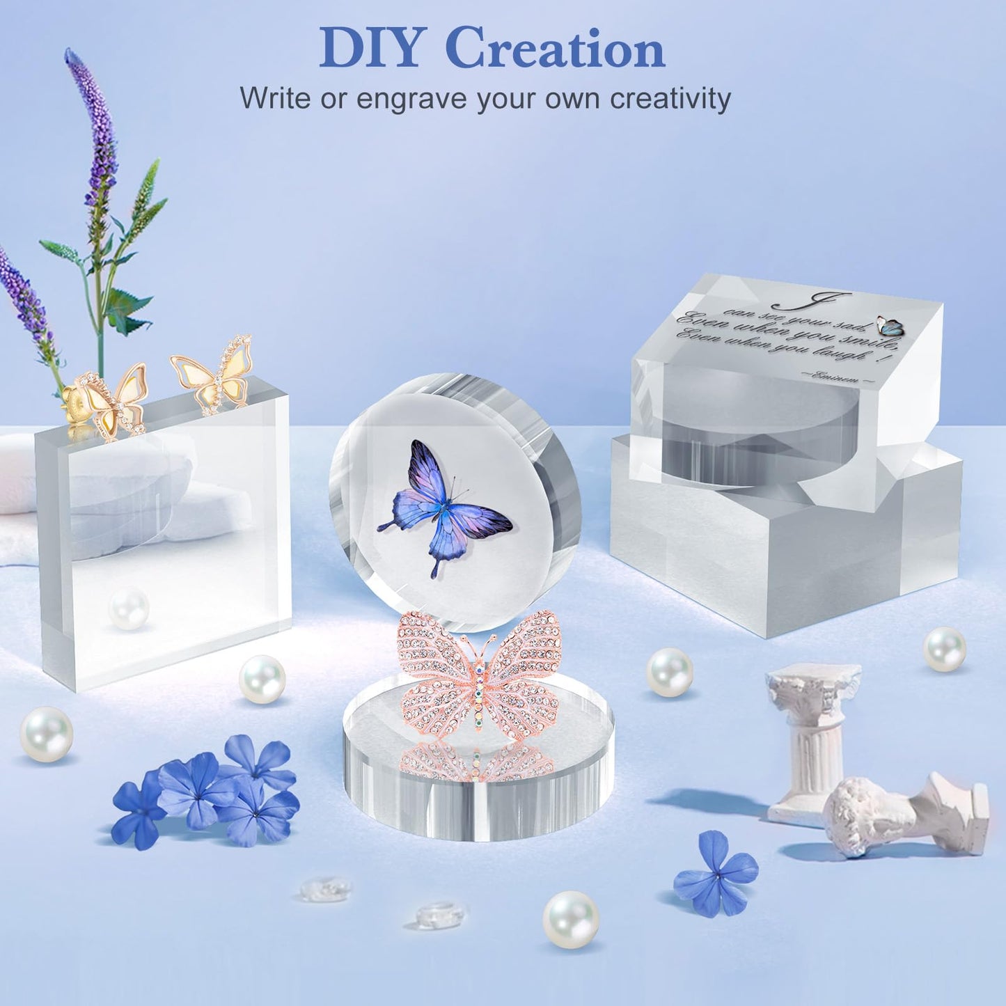 SAMYUCHO Acrylic Blocks 3 X 3 X 1 Inch 8 Pcs Acrylic Base Stand for Display Clear Block Square Riser Display Stands Pedestal Polished Cube for Jewelry trophy Props Collection Ring