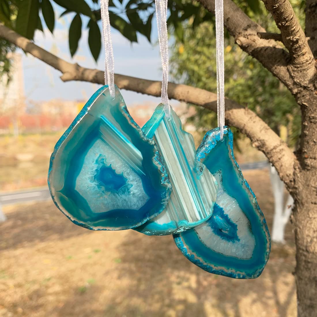 YGLINE Agate Slice Ornaments Christmas Tree Decoration Dangle Drop Hanging Decor 3pcs (Blue)