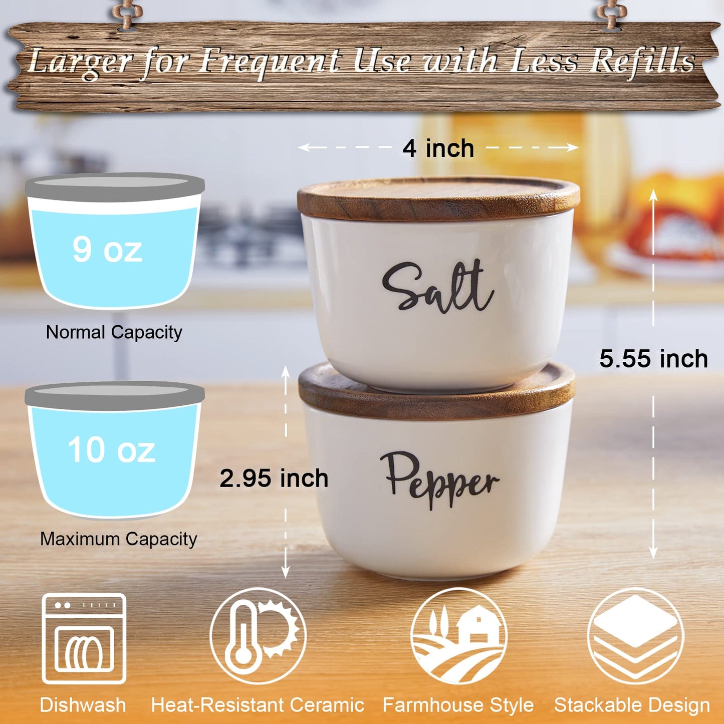 Ceramic Spoon Rest for Stove Top, DAYYET Large Spoon Holder, Farmhouse Spoon Rest for Kitchen Counter, White Bundle Farmhouse Salt and Pepper Bowls, 10 oz Ceramic Salt Cellar with Wooden Lid