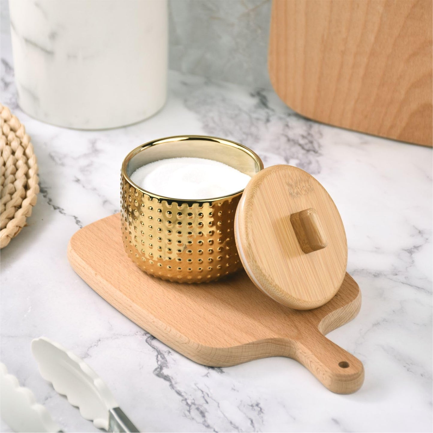 Salt Cellar Keeper with Bamboo Lid, 14oz Big Capacity Ceramic Sugar Bowls Pepper Box, Golden Water Dot Seasoning Container Condiment Pot for Kitchen (Gold Color)