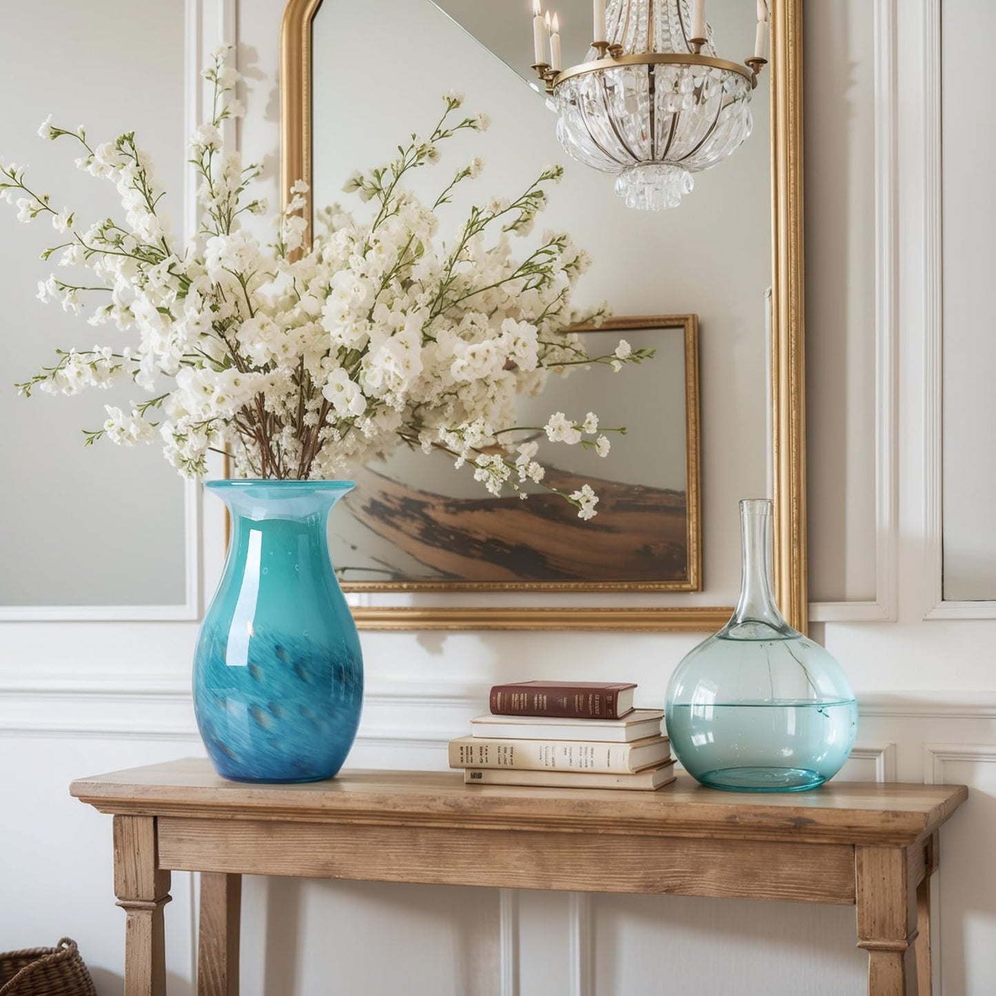 Teal Glass Vase – 11.4in Hand Blown Wide Mouth Art Glass Vase – Turquoise Decorative Vase for Flowers, Centerpieces, Bookshelf, Bathroom, Dining Table or Living Room Display
