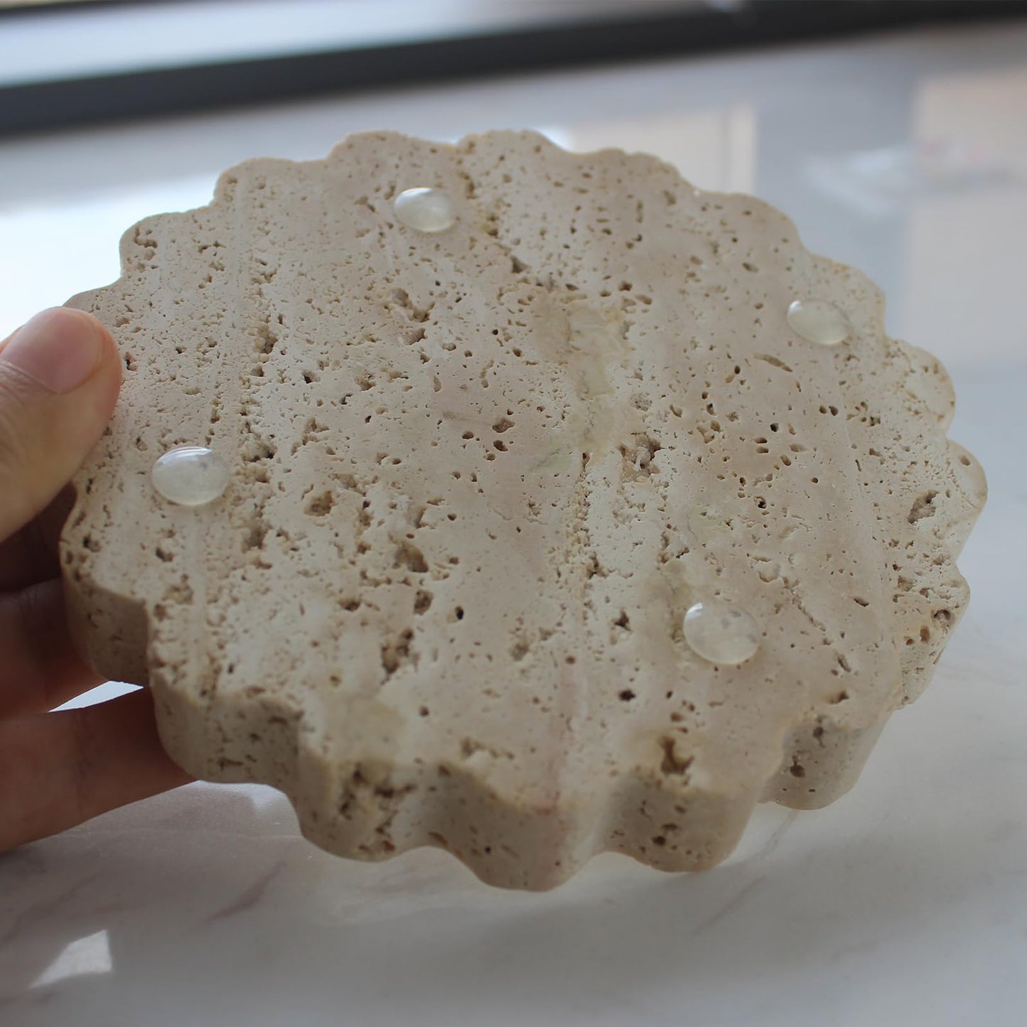 Natural Small Travertine Scalloped Edge Tray 6.3", Marble Jewelry Dish, Trinket Tray for Women Gift