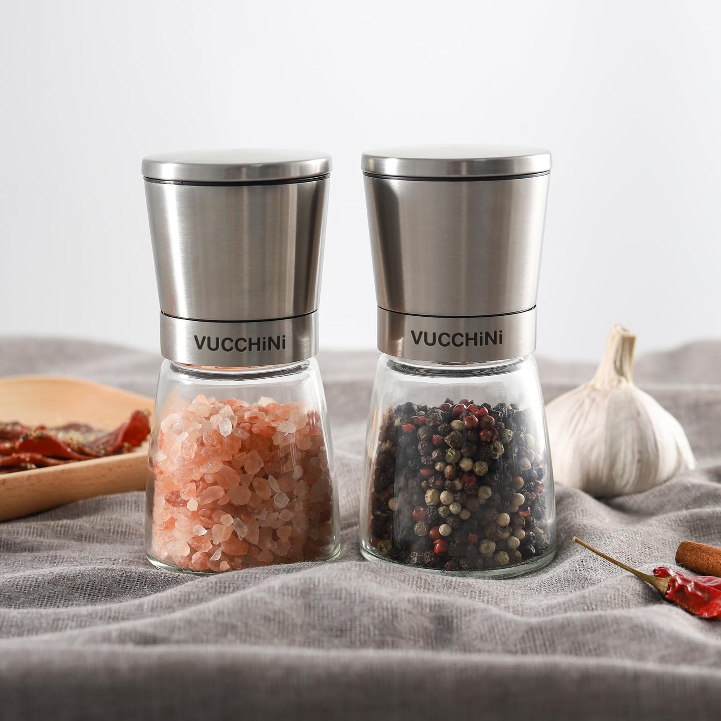 VUCCHINI Salt and Pepper Grinder Set - Adjustable Stainless Steel Spice Ceramic Grinders Mill Shaker for Kitchen Table - Stainless Steel color