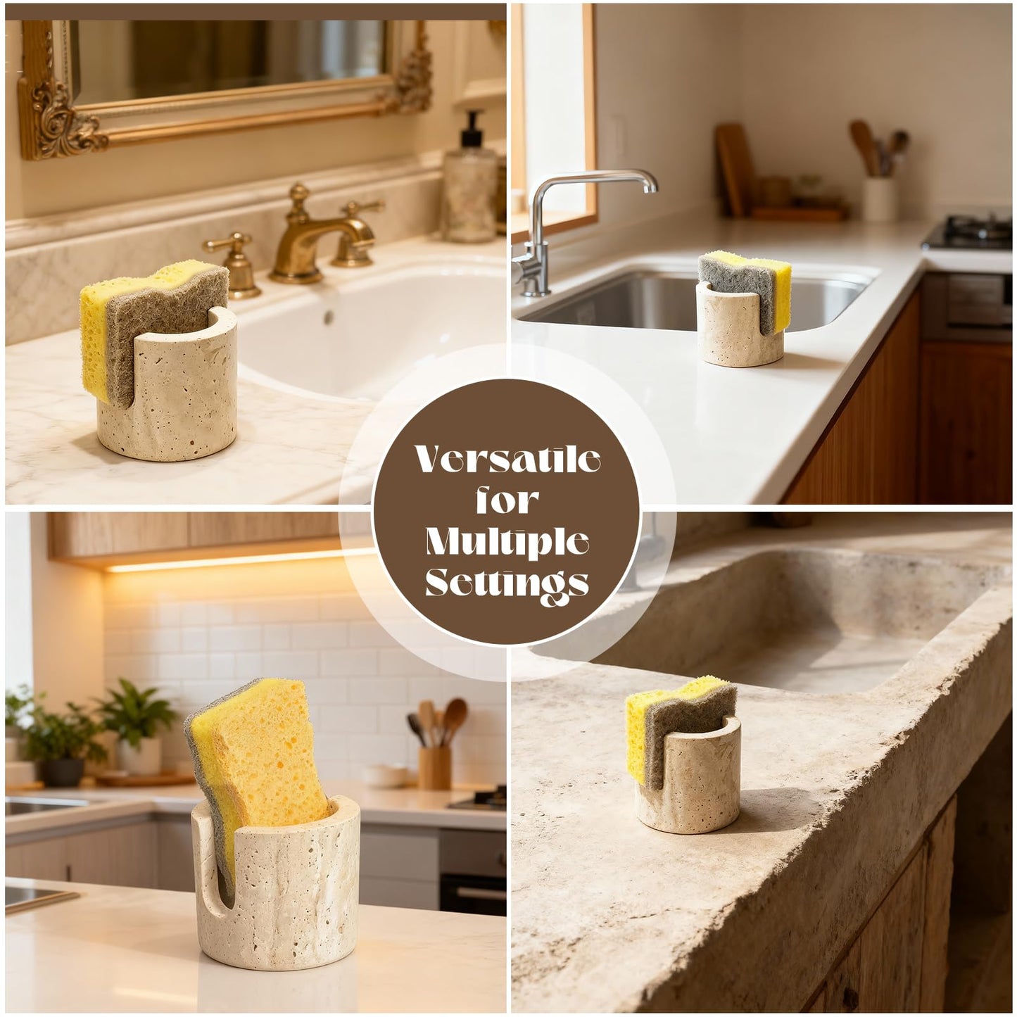 Axiqunel Natural Travertine Sponge Holder for Kitchen Counter, Natural Stone Dish Drying Rack, Durable & Stylish Kitchen Decor