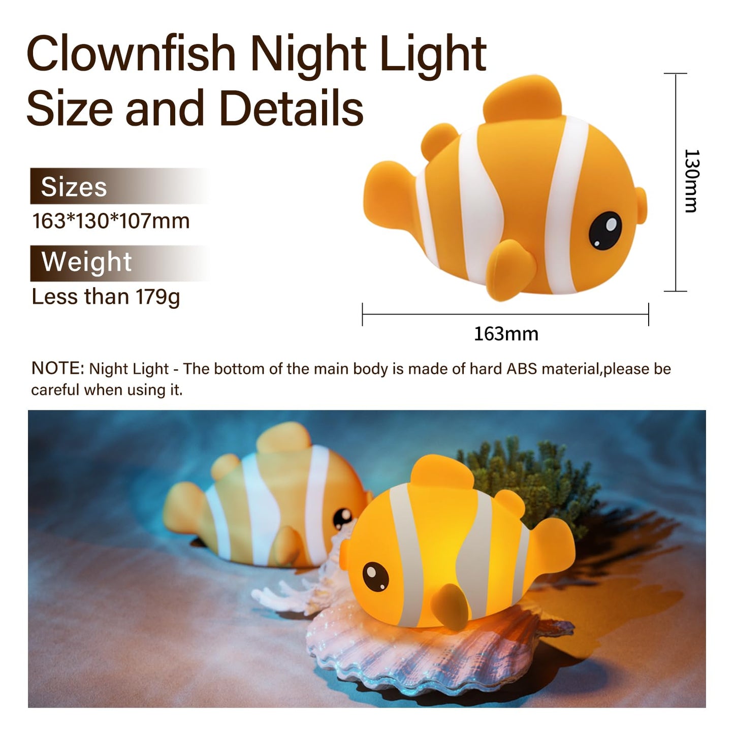 AVACOM Night Light for Kids Toddler Nursery - Cute Clownfish Squishy Silicone Baby Lamp for Bedtime Breastfeeding, Rechargeable Portable Touch Pat Nightlight with 3 Brightness & 30-Min Auto-Off Timer