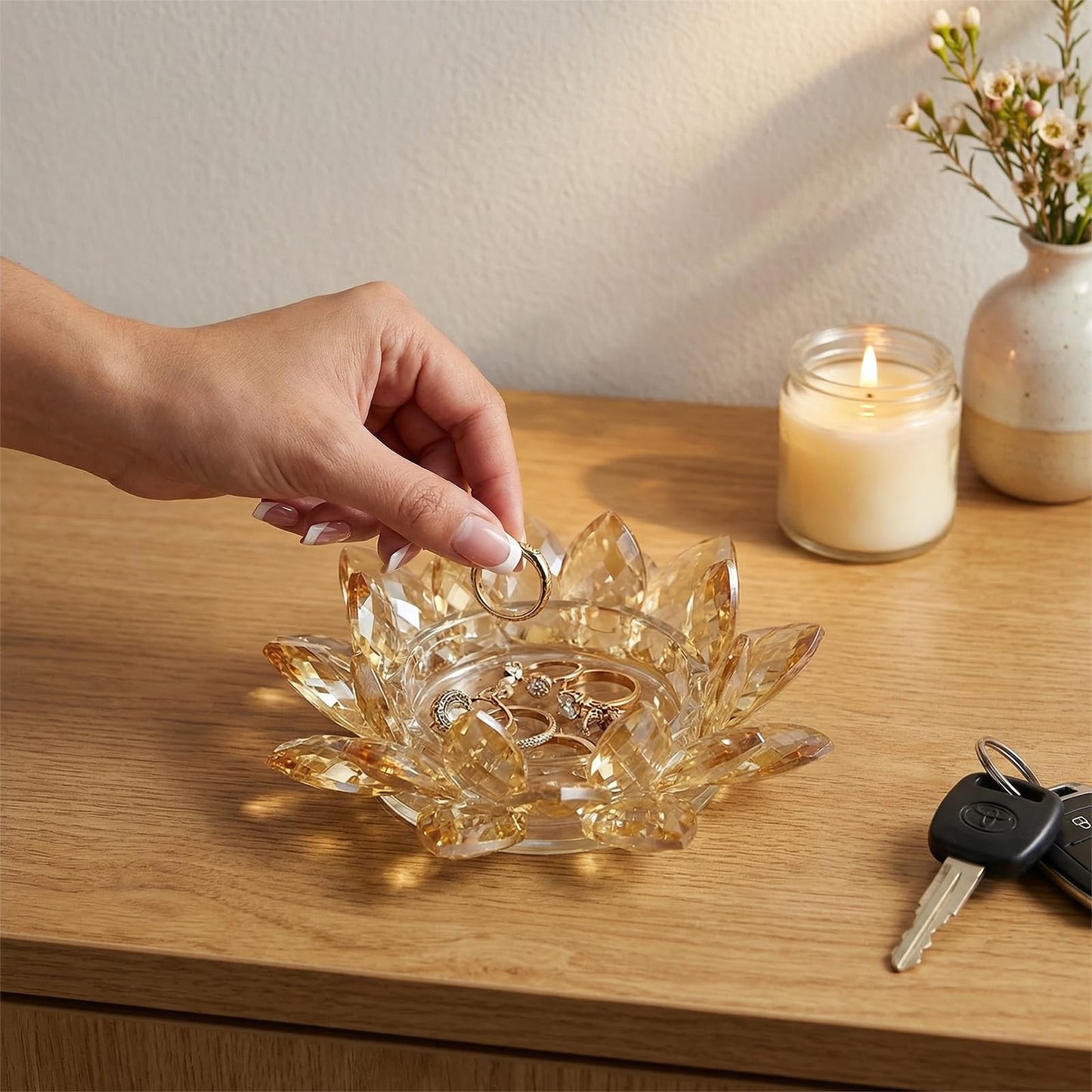 Crystal Flower Jewelry Tray, Luxury Transparent Decorative Trinket Dish for Rings, Earrings, Necklaces, Keys for Vanity Dresser Nightstand, Elegant Gift for Women Mother's Day (1, 6.3"(W)- Gold)