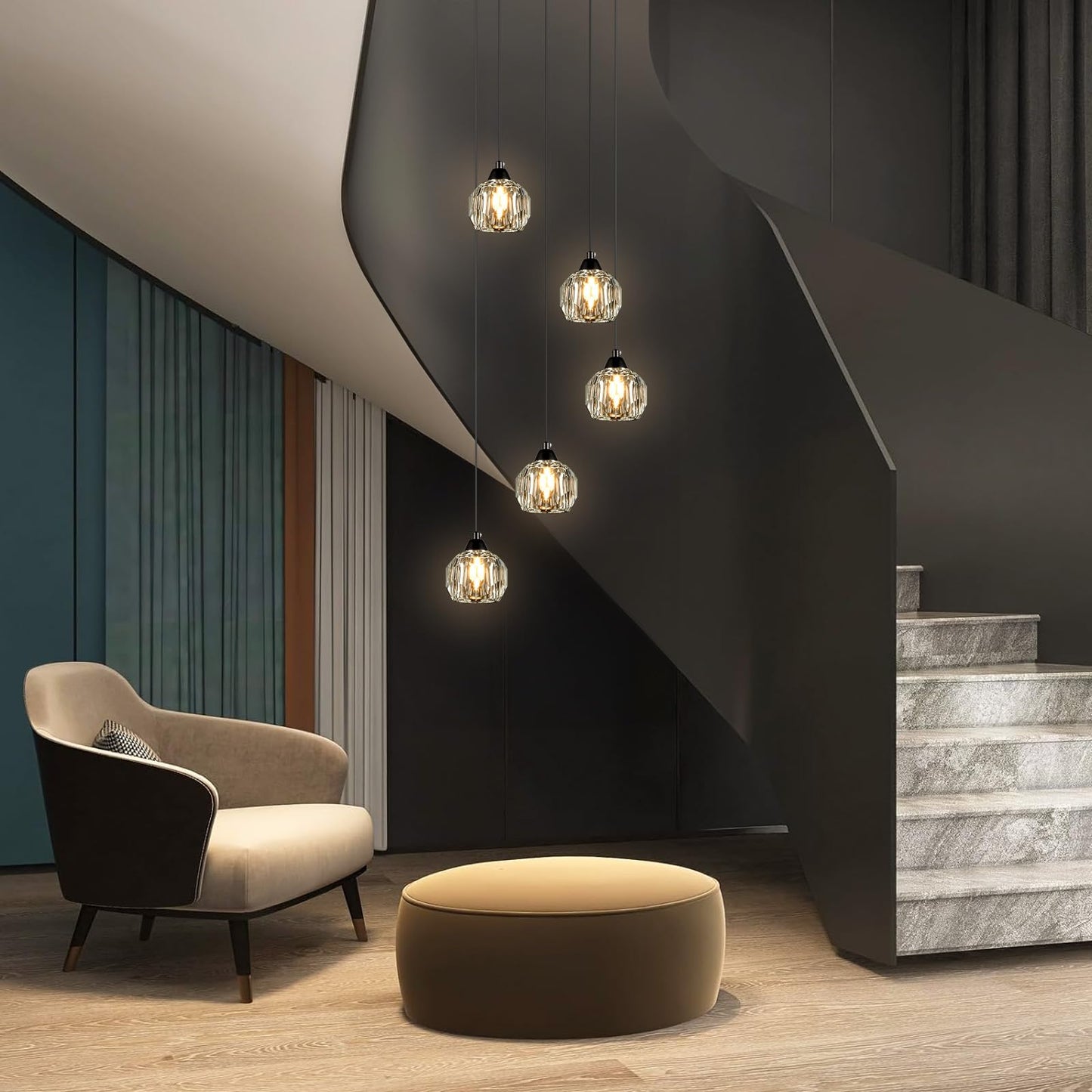 Weesalife Crystal Chandeliers for Dining Room Lights Fixture Over Table, 5-Light Black Modern Pendant Light Fixture,Crystal Chandeliers for Living Room Kitchen Island Staircases Foyer Hallway Bar