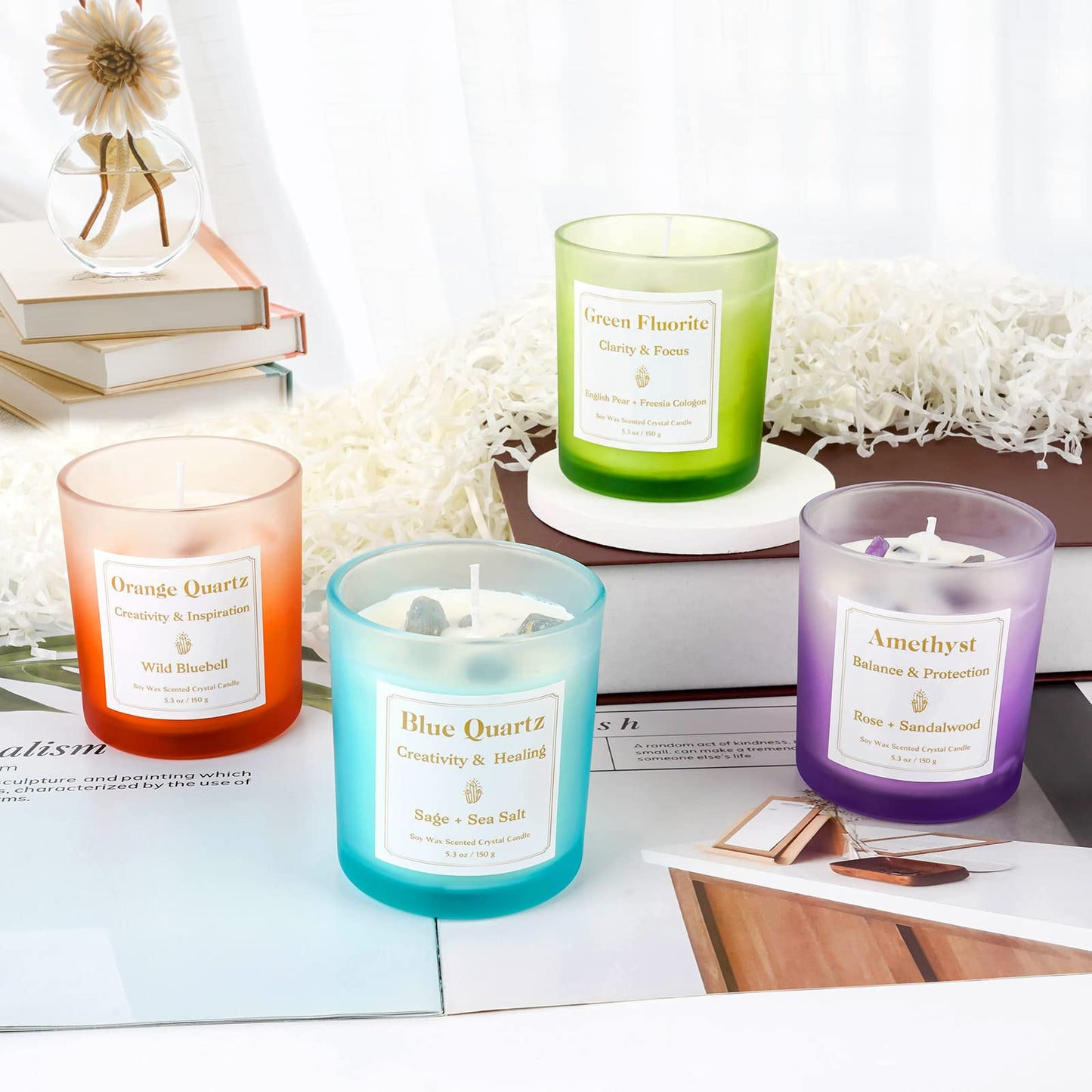 4 Pack Scented Candles with Healing Crystals, Rose, Sage and Amethyst