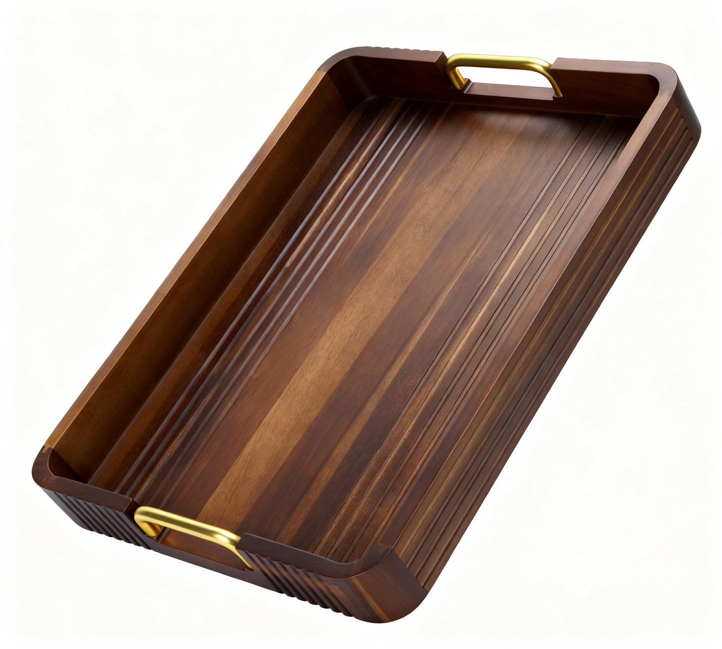 Acacia Wood Serving Tray with Metal Handles, 17x13in, Decorative Coffee Table Tray & Ottoman Tray, Anti-Slip Pads, Dark Wood Tray for Breakfast in Bed, Bar Tray, Gift Box