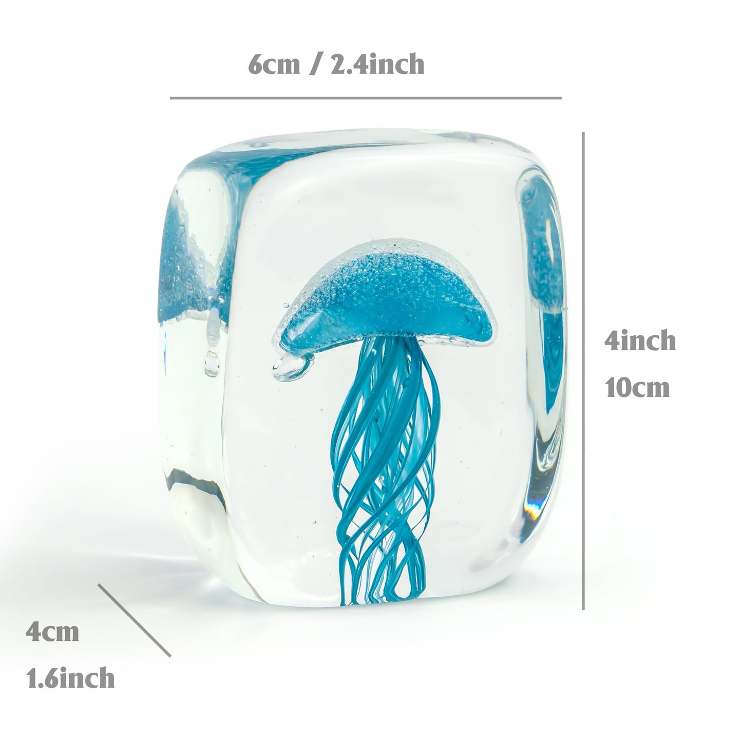 kangming Hand Blown Glass Jellyfish Paperweight, 4" Blue Marine Animal Art Sculpture, Glow in The Dark Rectangular Block, Coastal Home Desk Decor Gift (Bondi Blue)