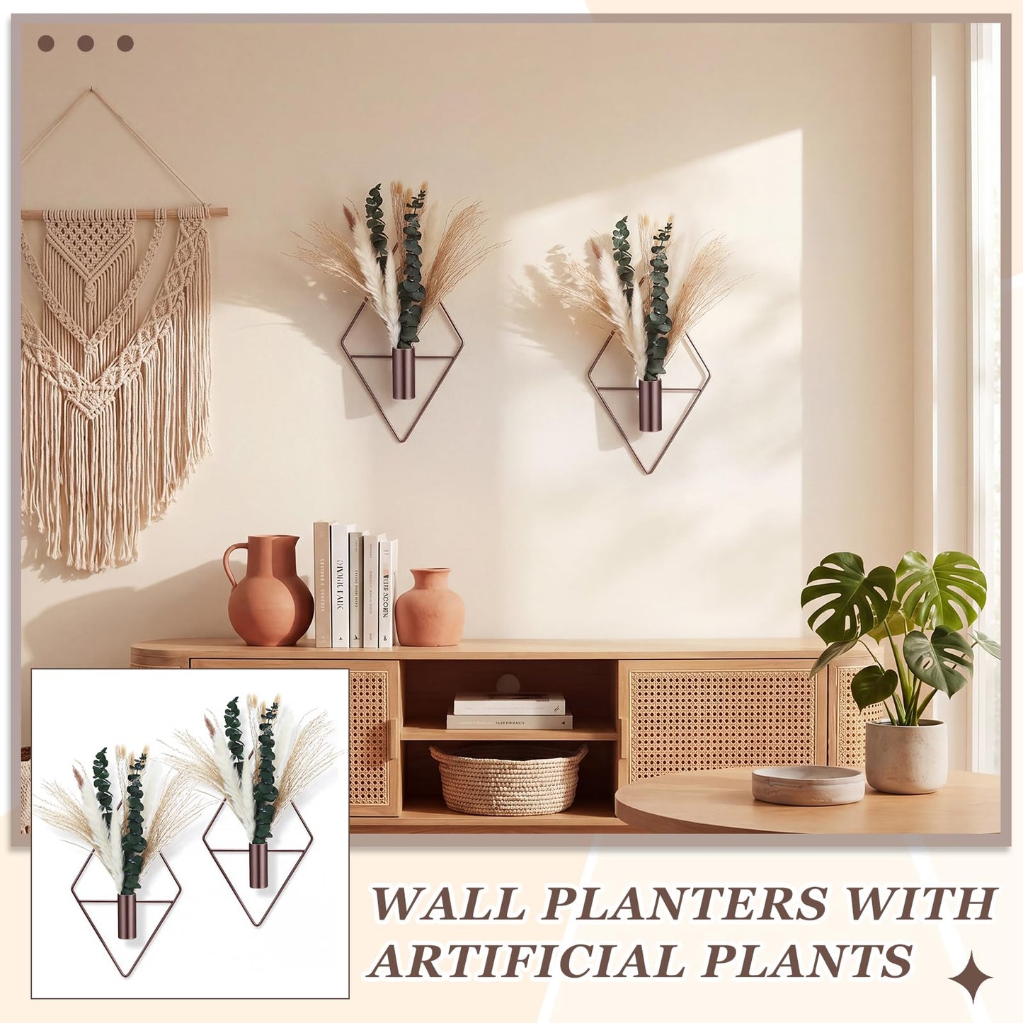 Canlierr 4 Pcs Bronze Wall Decor Hanging Planters with Artificial Plants Eucalyptus Pampas Grass Metal Hanging Vase Indoor Plants Holder Modern Boho Wall Art for Bathroom Bedroom Living Room Decor