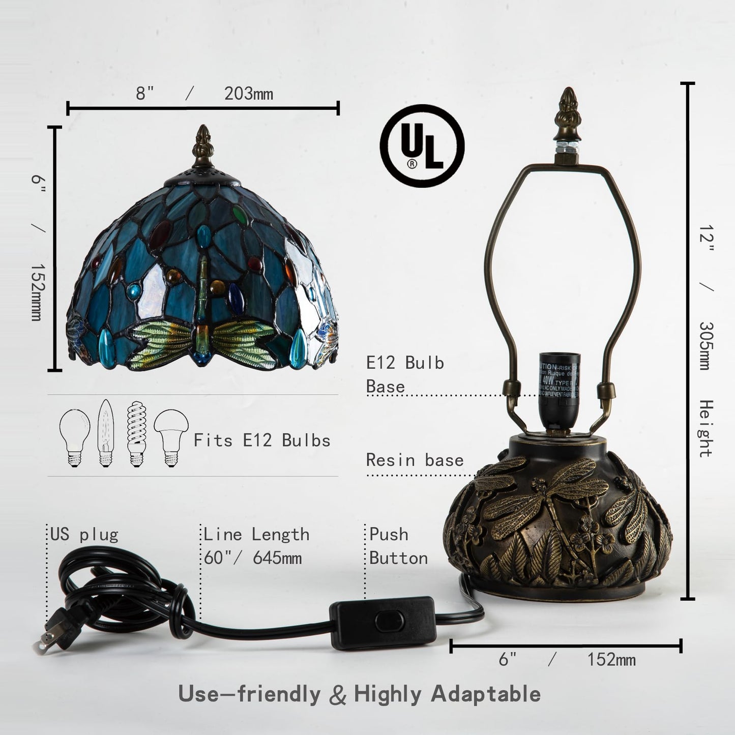 Msrzuds Tiffany Style Stained Glass Mushroom Bedside Table Lamp 8-inch Green Blue Dragonfly Beautiful Shade Nightstand Light for Bedroom Dorm Living Hallway Coffee Table Home Office Housewarming Gift