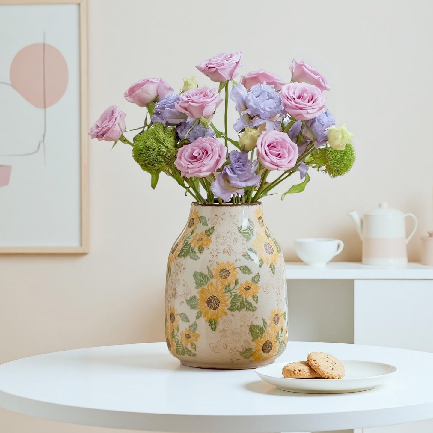 Loaesa Yellow Sunflower Floral Ceramic Vase, 7.7 Inch Chinoiserie Modern Aesthetic Rustic Vases for Tuscan French Country Kitchen Bedroom Entryway Coffee Table Home Decor