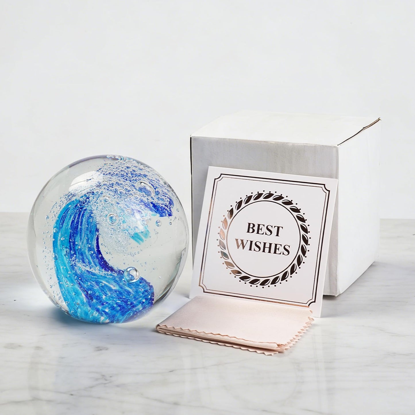 Oiexgu Hand Blown Ocean Wave Glass Ball Paperweight Sea Glass Ball,Beach Home Decoration Collectible Figurines Ball,Aquarium Decor Office Desk & Bathroom Decor,Unique Gift Ocean Lovers