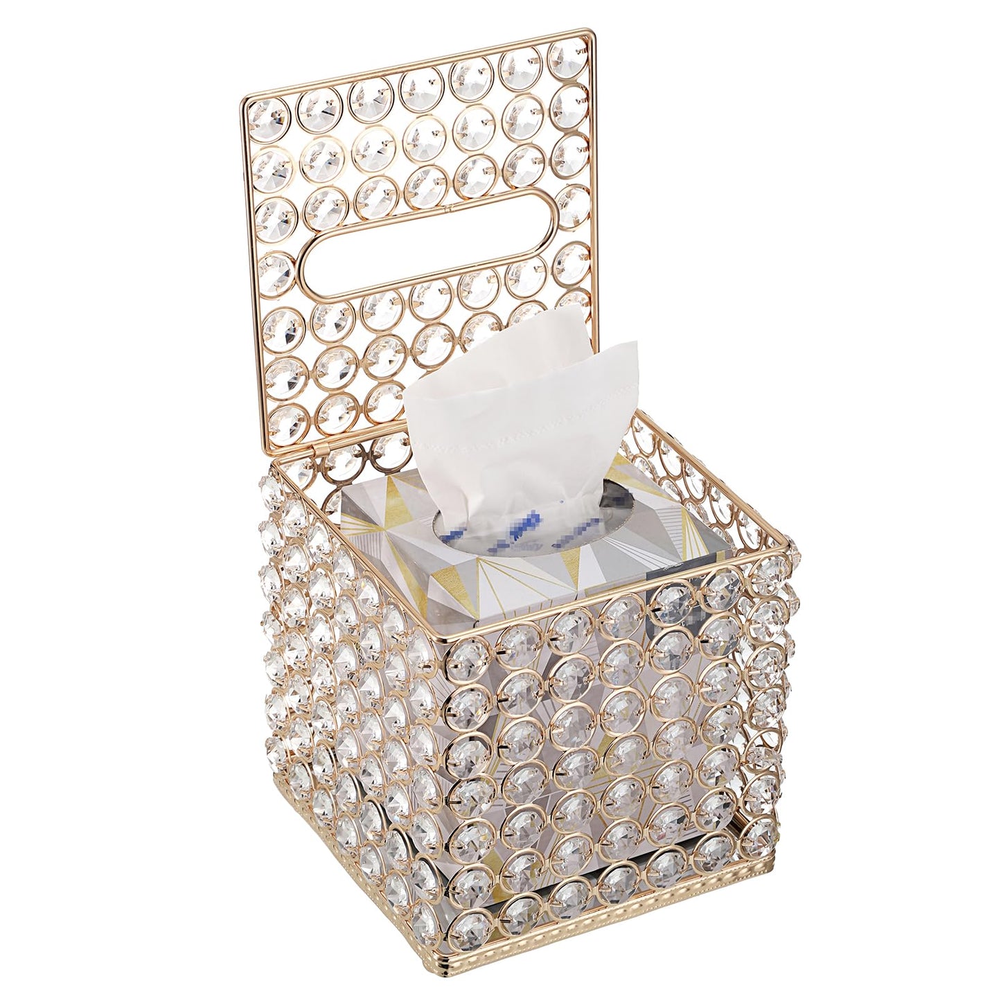 Sumnacon Crystal Square Tissue Box Cover - Sparkling Glass Cube Tissue Box Holder, Decorative Facial Tissue Holder for Bedroom Bathroom Vanity Dresser Night Stand Table Office Home Decor, Gold
