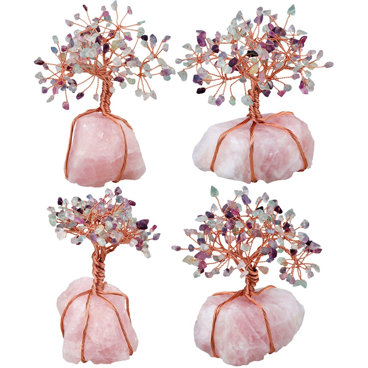 SUNYIK Natural Rainbow Fluorite Money Tree Wrapped on Rose Quartz Cluster Base Bonsai Sculpture Figurine 3.5 Inches