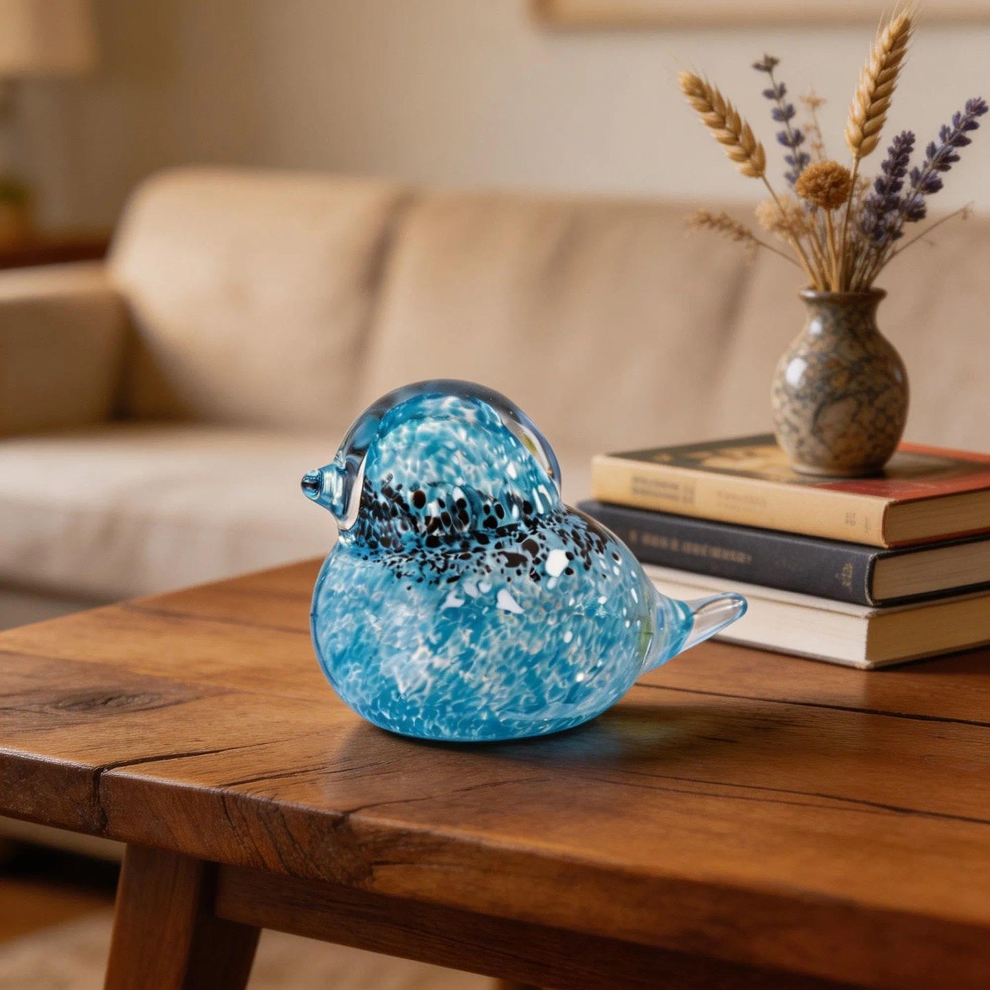 QFkris 4" Hand Blown Glass Blue Birds Figurine, Art Glass Animal Sculpture Status for Desk Table Home Office Decoration, Crystal Paperweight Gift for Bird Lover