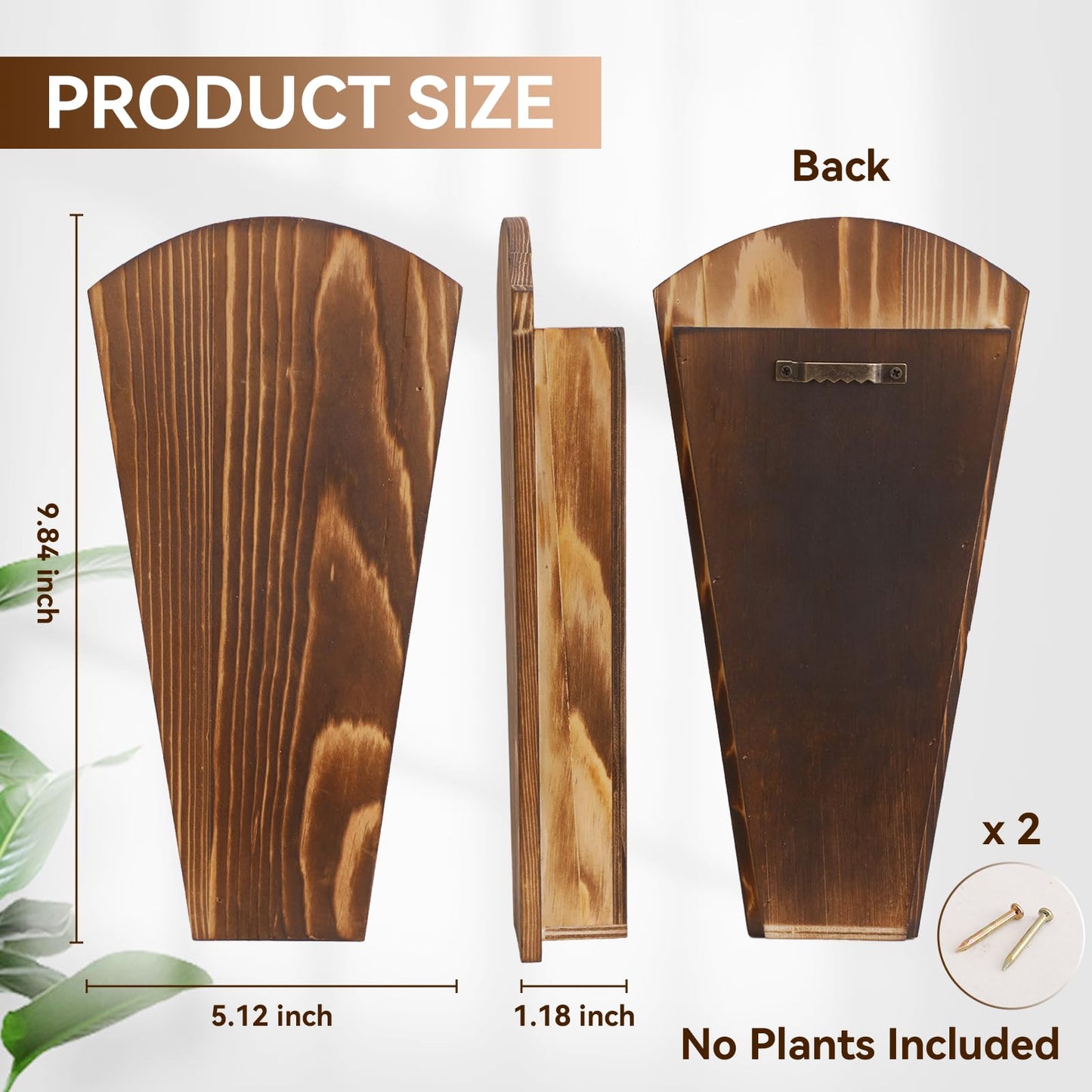 Artilady 2 Pack Wooden Wall Vase Boho Decor, Wall Mounted Hanging Planter for Indoor Modern Farmhouse Wall Art for Living Room Bathroom Hallway Bedroom (Charcoal, Fan Tapered)