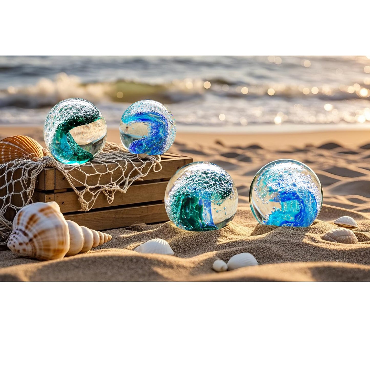 JUYOULE Hand Blown Glass Decorative Balls:Unique Ocean Wave Design, Elegant Paperweights for Office Desk, Coastal Room Decor, Beach Bathroom Decor, Sea Glass Art, Ocean Gift Idea (Blue)