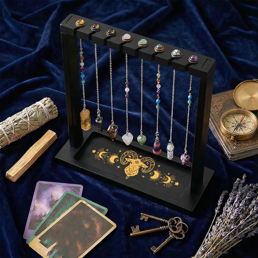 BEUNITONE Pendulum Crystal Holder, Ram Design Wooden Crystal & Jewelry Display Stand Divination Pendulum Storage Rack Tabletop Organiser for Necklaces, Stones and Home Decor