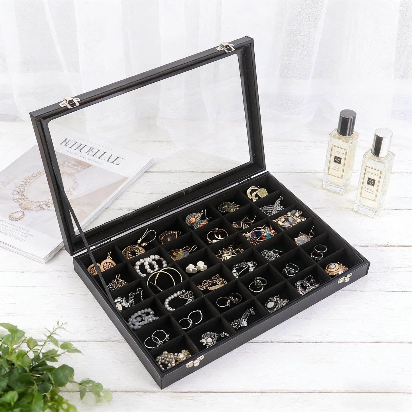 Dmnnlp 2 Pack Rock Collection Display Case, 36 Grids PU Leather Rock Collection Box with Glass Lid and Velvet Lining, Crystal Storage Organizer for Gemstones, Tumbled Stones, Minerals, Fossil (Black)