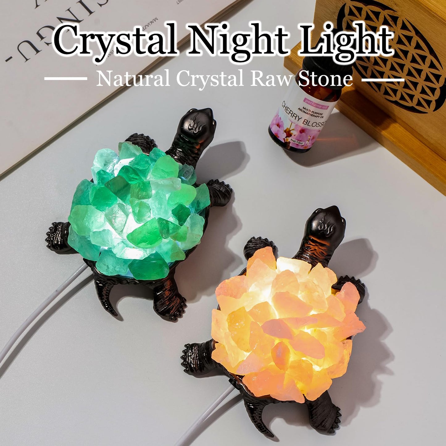 Runyangshi Natural Green Fluorite Turtle Night Lamp Healing Crystal Bedroom Bedside Table Lamp USB Port Home Decoration Women Men Decor Gift