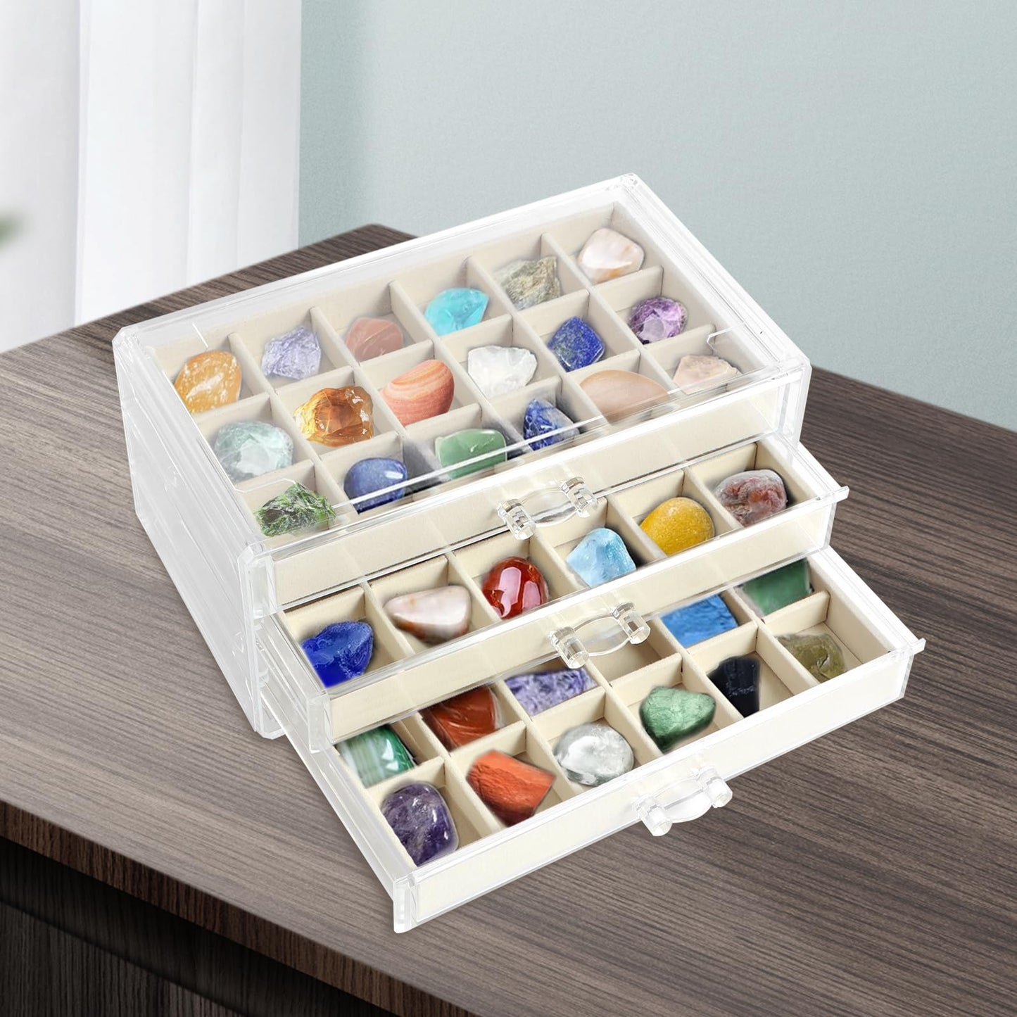 54 Grid Rock Collection Display Case for Kids, 3-Layer Acrylic Mineral & Crystal Storage Box, Velvet Gemstone Organizer Showcase, Ideal Geology Gift for Boys & Girls