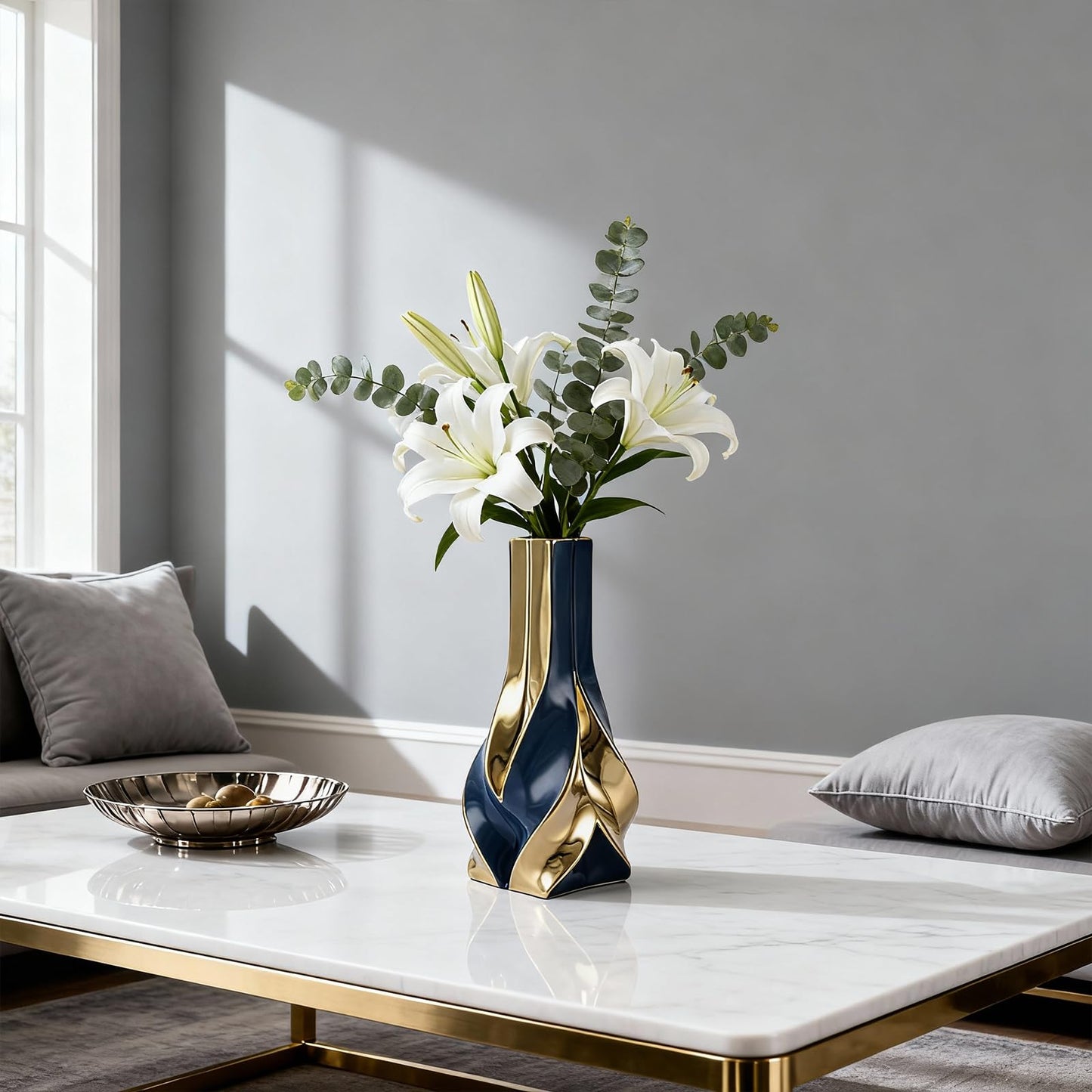 10.6" Blue and Gold Ceramic Vase, Modern Geometric Flower Vase for Dining Table Centerpiece, Elegant Decorative Vase for Pampas Grass, Living Room, Bedroom, Office, Tabletop Decoration